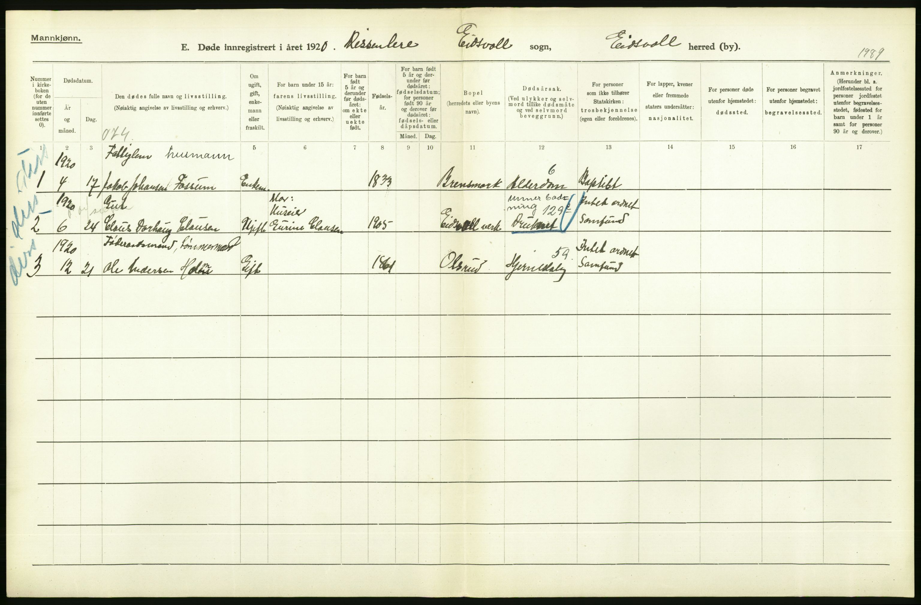 Statistisk sentralbyrå, Sosiodemografiske emner, Befolkning, AV/RA-S-2228/D/Df/Dfb/Dfbj/L0007: Akershus fylke: Døde. Bygder og byer., 1920, p. 226