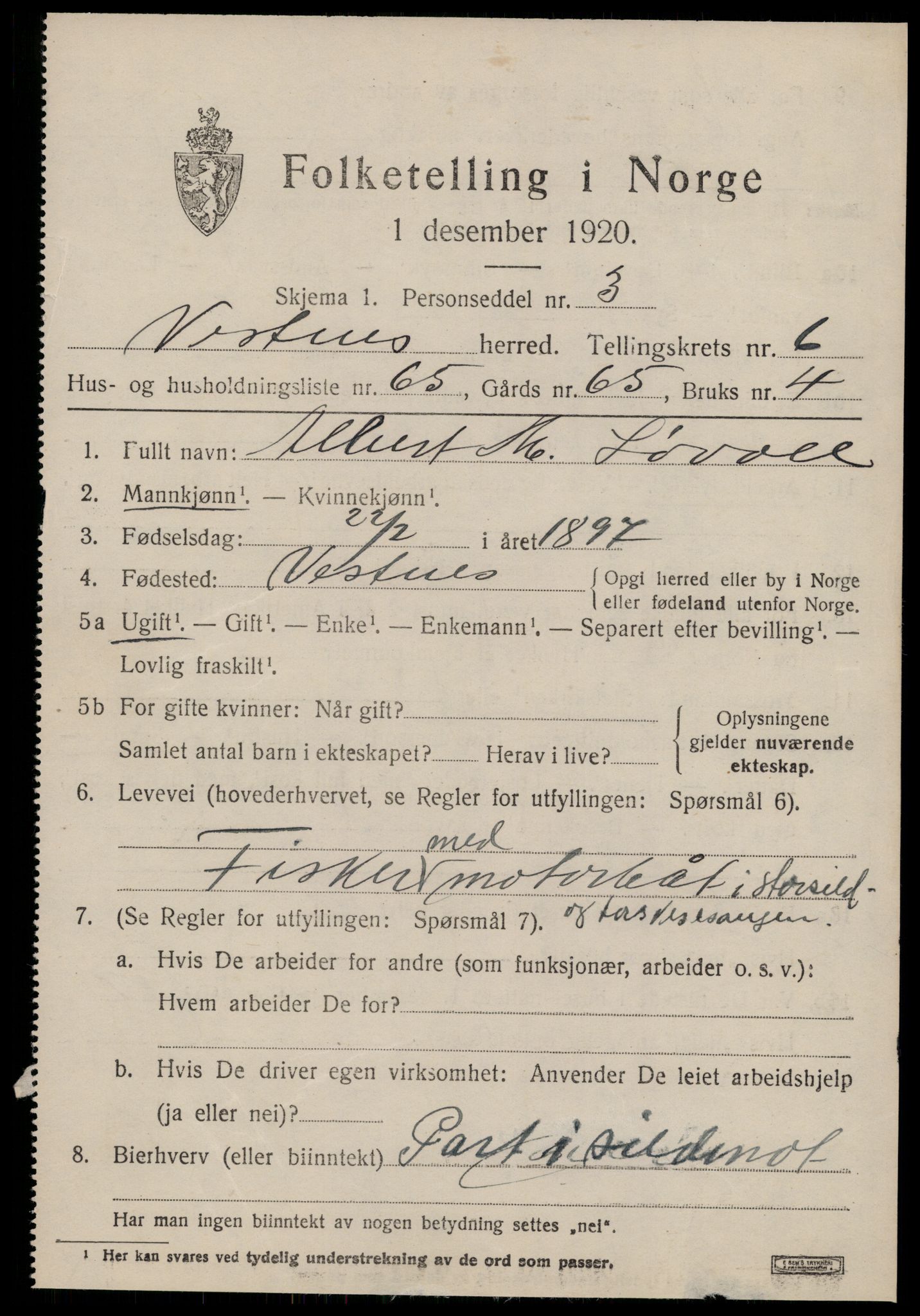 SAT, 1920 census for Vestnes, 1920, p. 5099