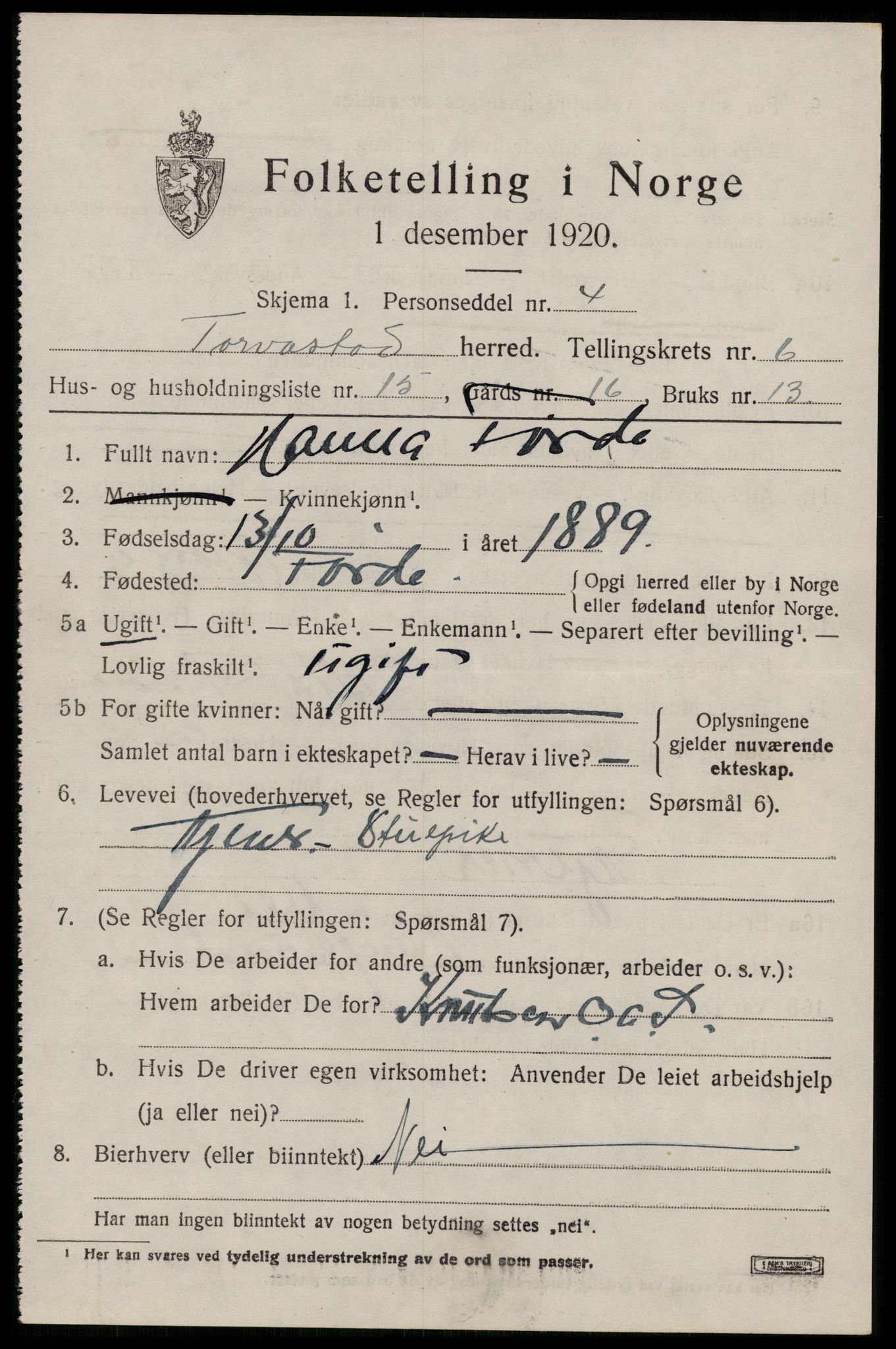 SAST, 1920 census for Torvastad, 1920, p. 5086