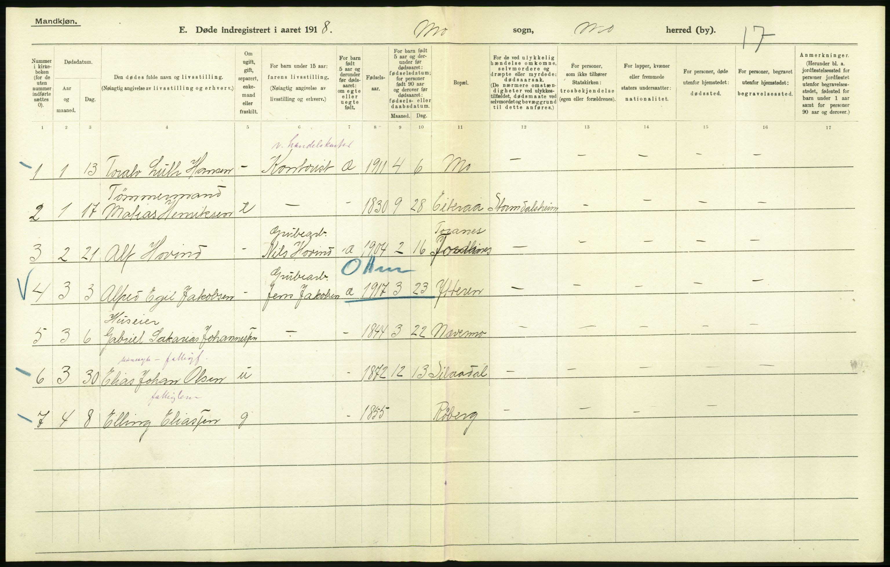 Statistisk sentralbyrå, Sosiodemografiske emner, Befolkning, AV/RA-S-2228/D/Df/Dfb/Dfbh/L0055: Nordland fylke: Døde. Bygder og byer., 1918, p. 142