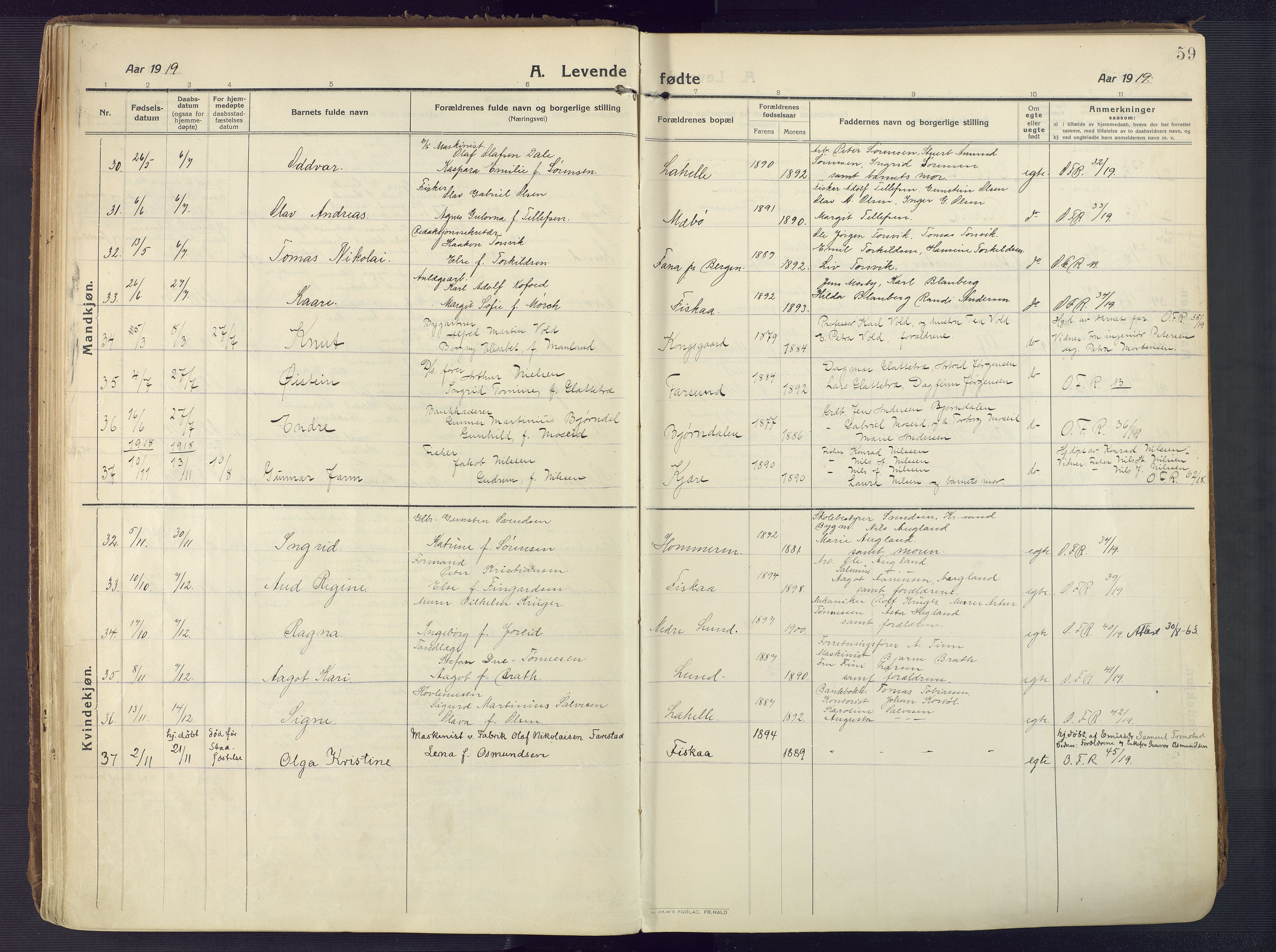 Oddernes sokneprestkontor, AV/SAK-1111-0033/F/Fa/Faa/L0012: Parish register (official) no. A 12, 1912-1925, p. 59