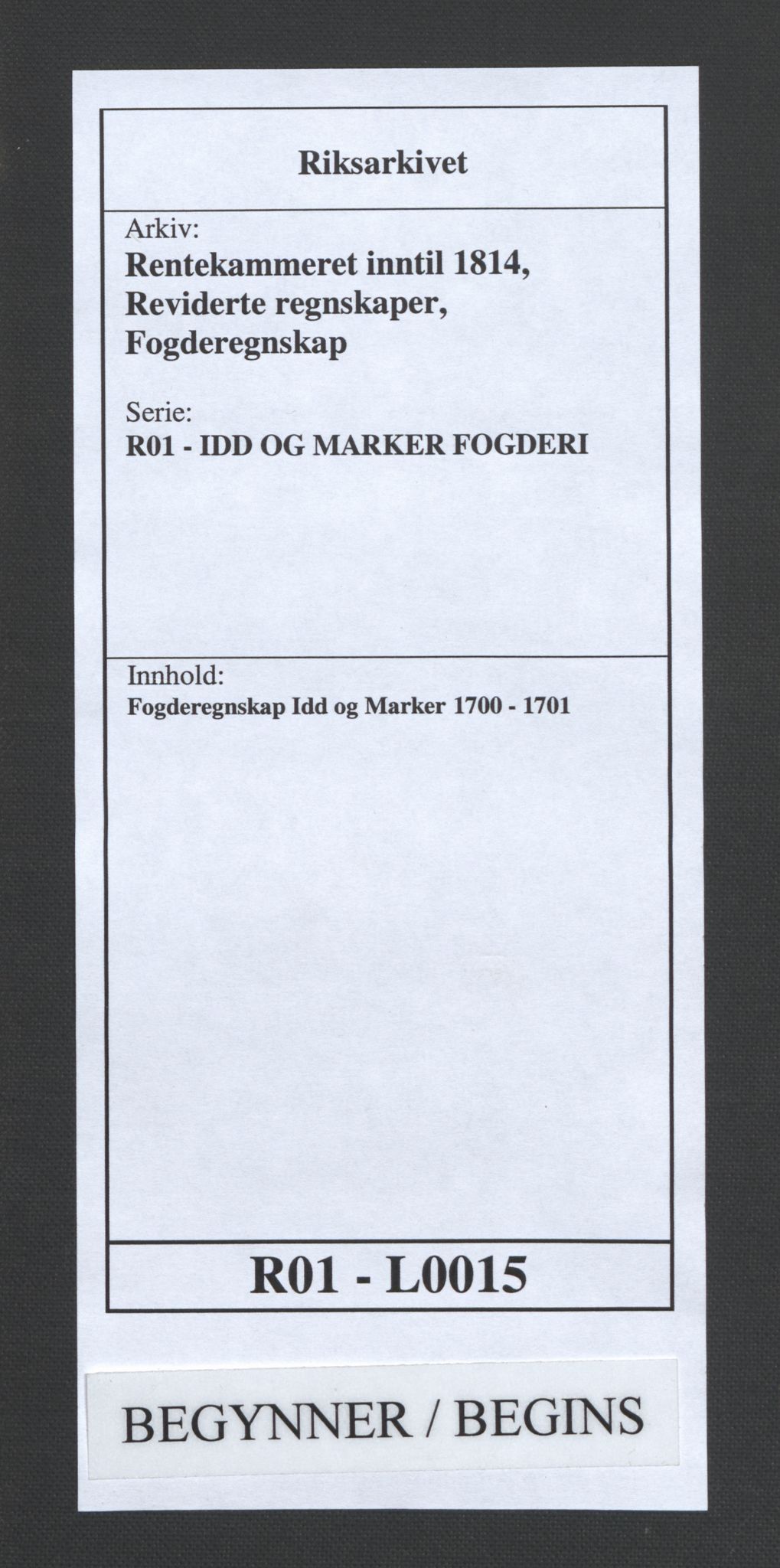 Rentekammeret inntil 1814, Reviderte regnskaper, Fogderegnskap, RA/EA-4092/R01/L0015: Fogderegnskap Idd og Marker, 1700-1701, p. 1