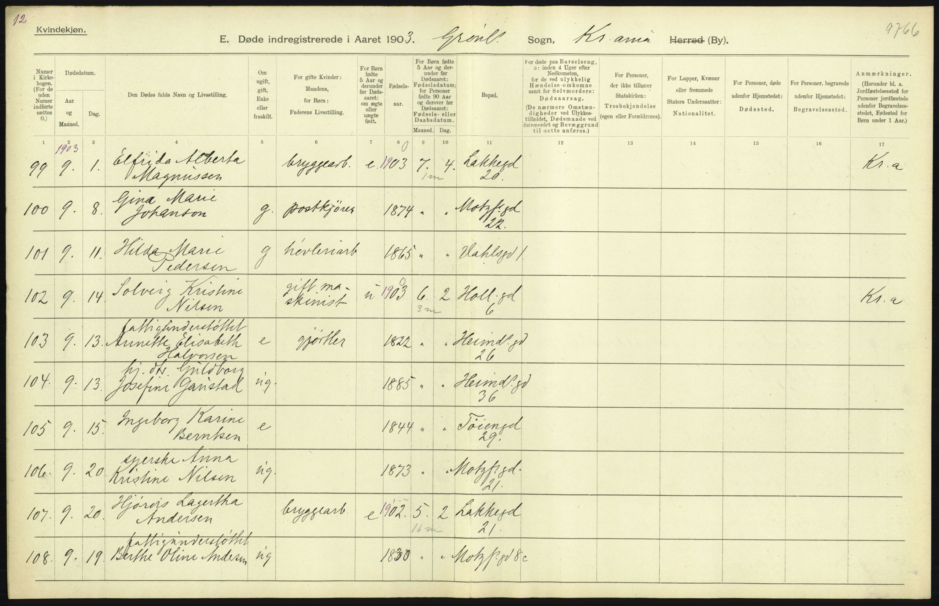 Statistisk sentralbyrå, Sosiodemografiske emner, Befolkning, AV/RA-S-2228/D/Df/Dfa/Dfaa/L0004: Kristiania: Gifte, døde, 1903, p. 399