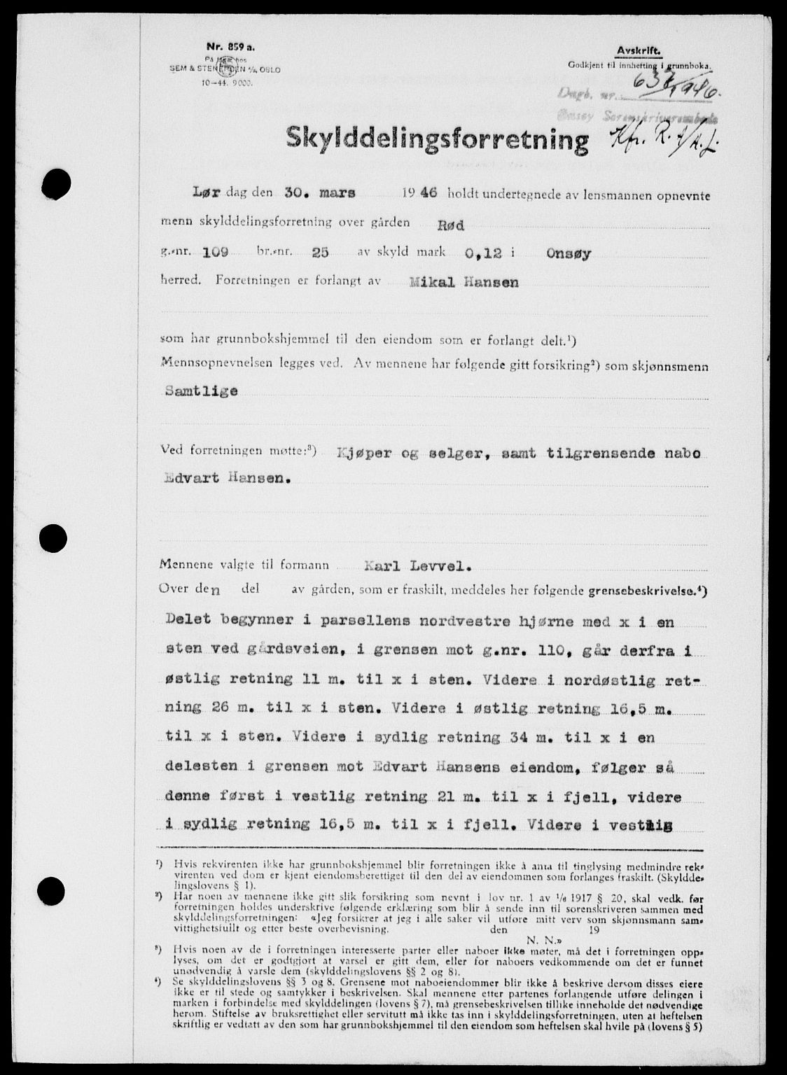 Onsøy sorenskriveri, SAO/A-10474/G/Ga/Gab/L0015: Mortgage book no. II A-15, 1945-1946, Diary no: : 637/1946
