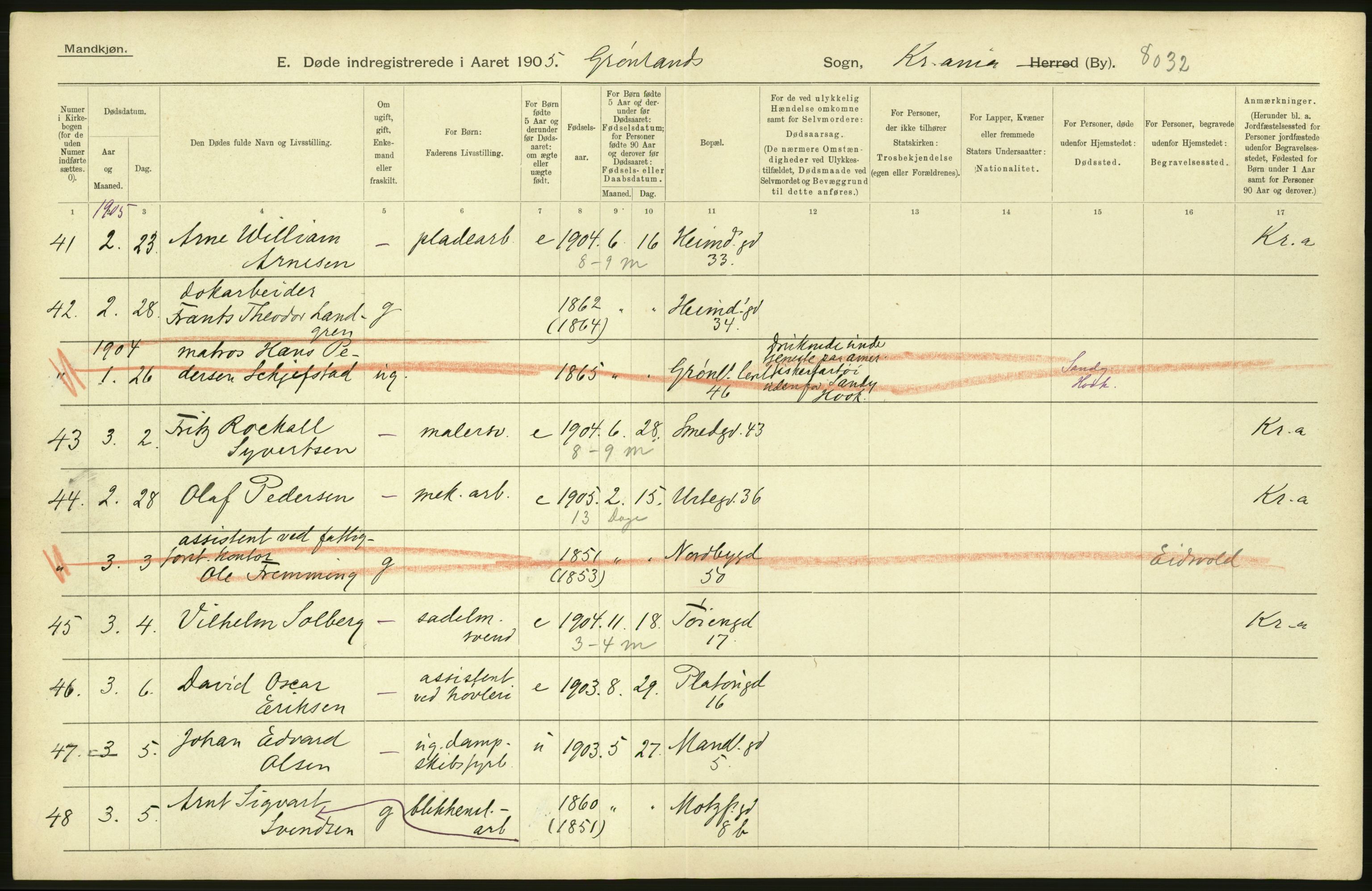 Statistisk sentralbyrå, Sosiodemografiske emner, Befolkning, AV/RA-S-2228/D/Df/Dfa/Dfac/L0007a: Kristiania: Døde, dødfødte., 1905, p. 728