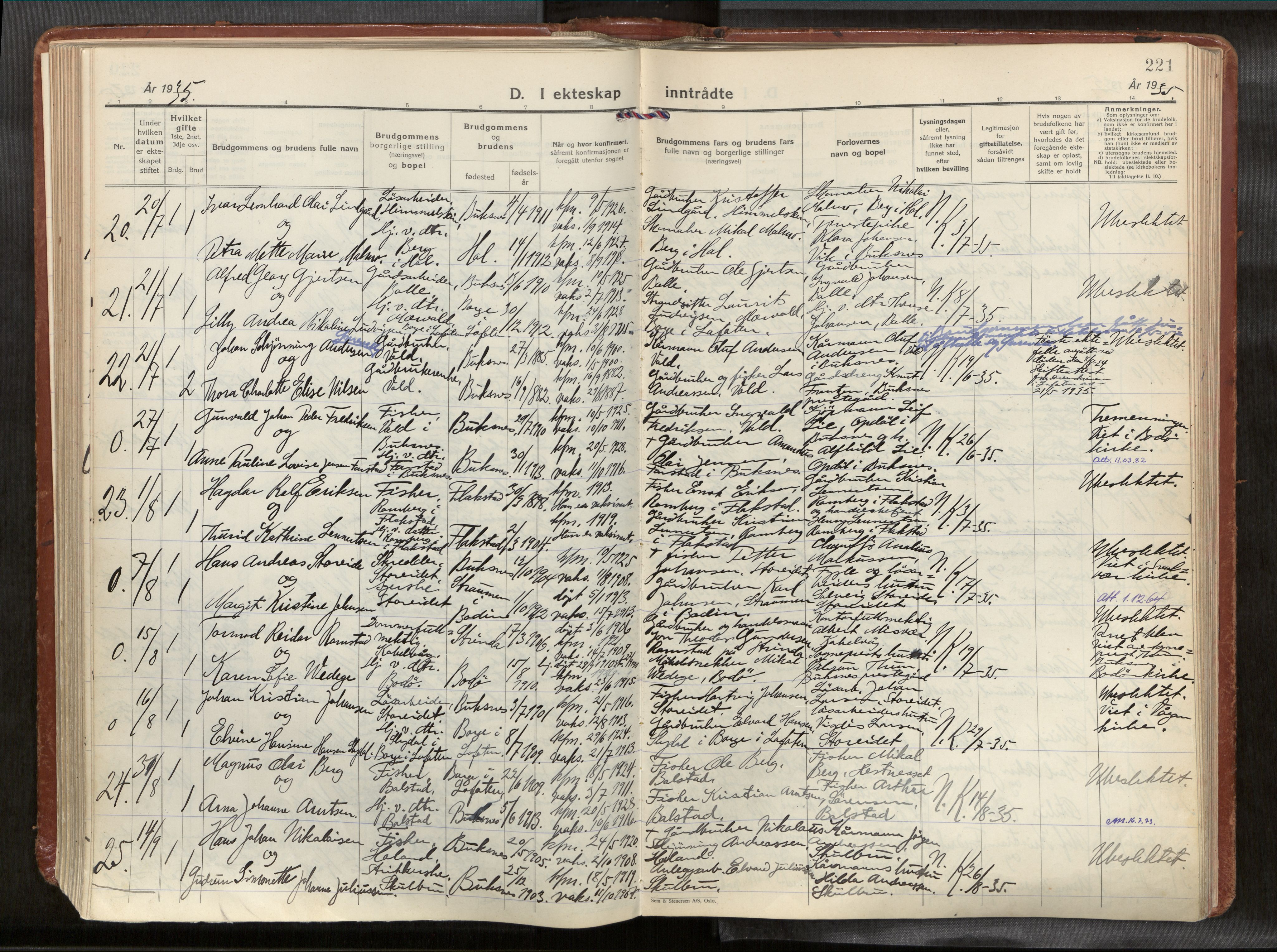 Ministerialprotokoller, klokkerbøker og fødselsregistre - Nordland, AV/SAT-A-1459/881/L1161: Parish register (official) no. 881A14, 1932-1955, p. 221