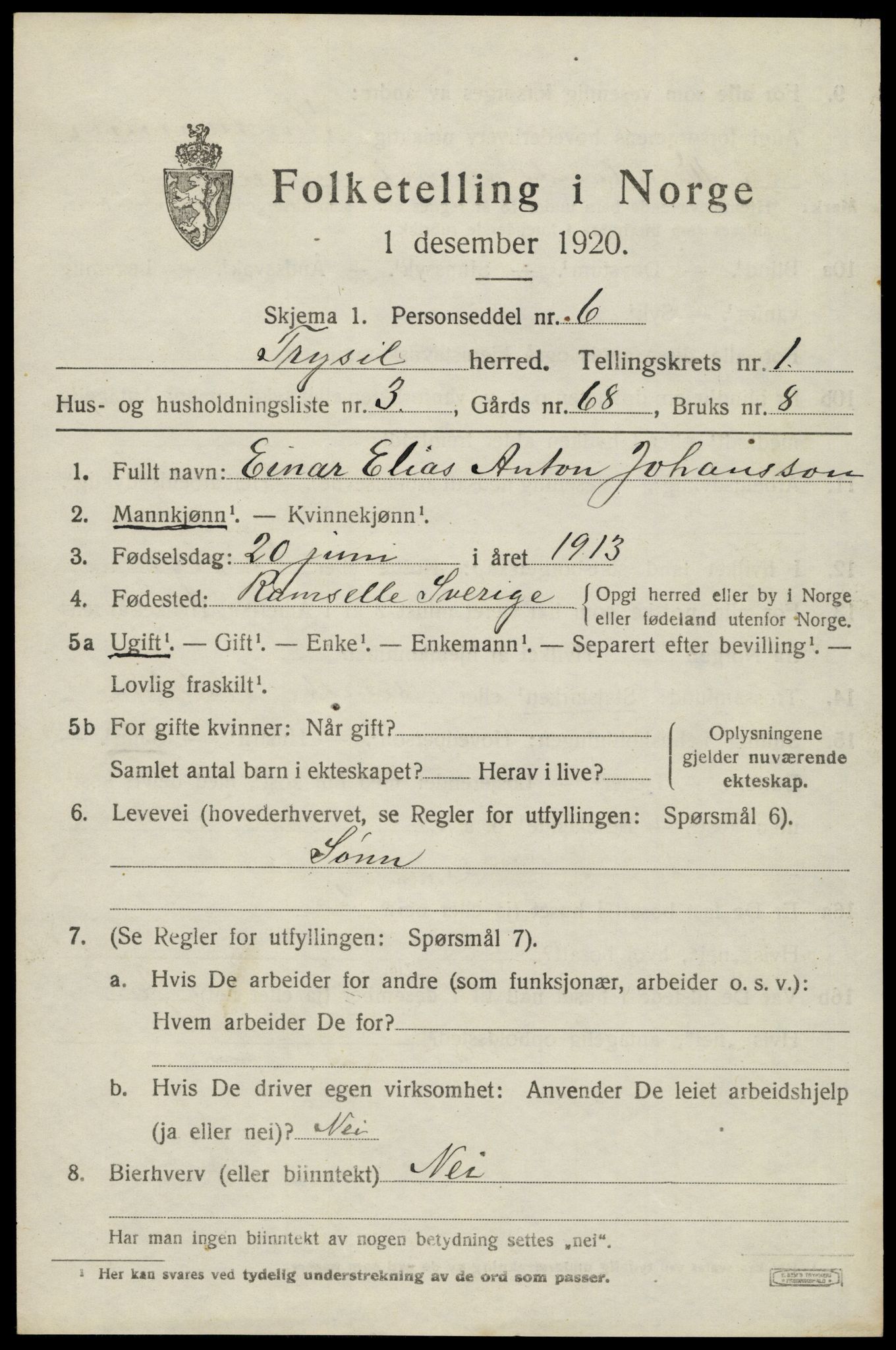 SAH, 1920 census for Trysil, 1920, p. 2567