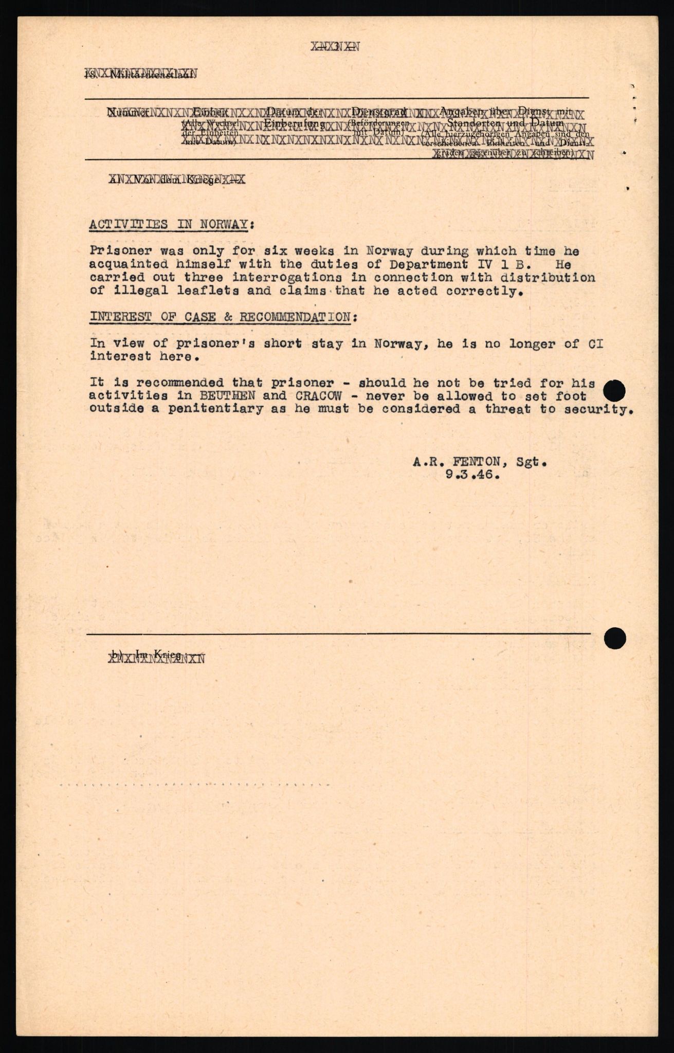 Forsvaret, Forsvarets overkommando II, RA/RAFA-3915/D/Db/L0021: CI Questionaires. Tyske okkupasjonsstyrker i Norge. Tyskere., 1945-1946, p. 300