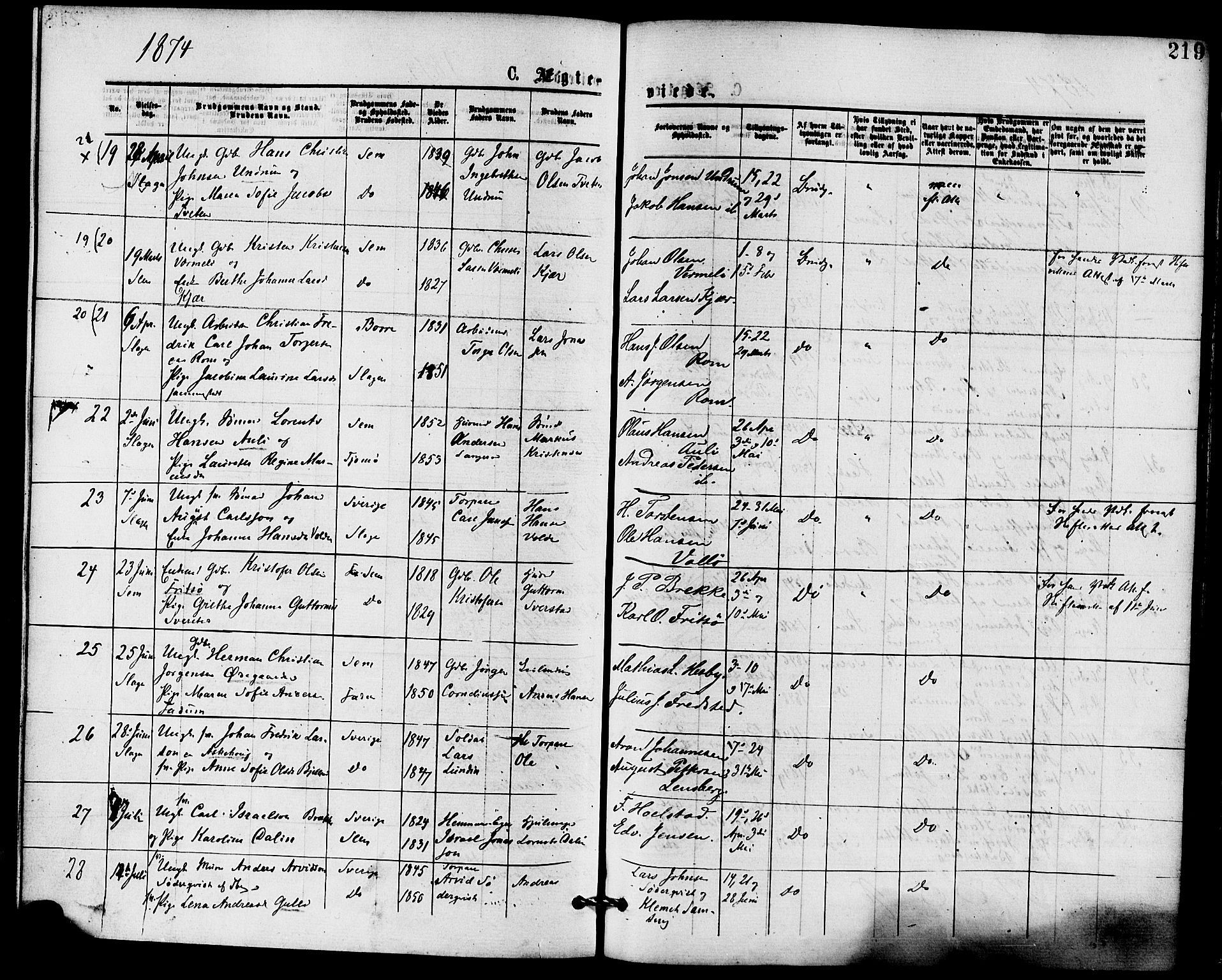 Sem kirkebøker, SAKO/A-5/F/Fa/L0009: Parish register (official) no. I 9, 1874-1877, p. 219