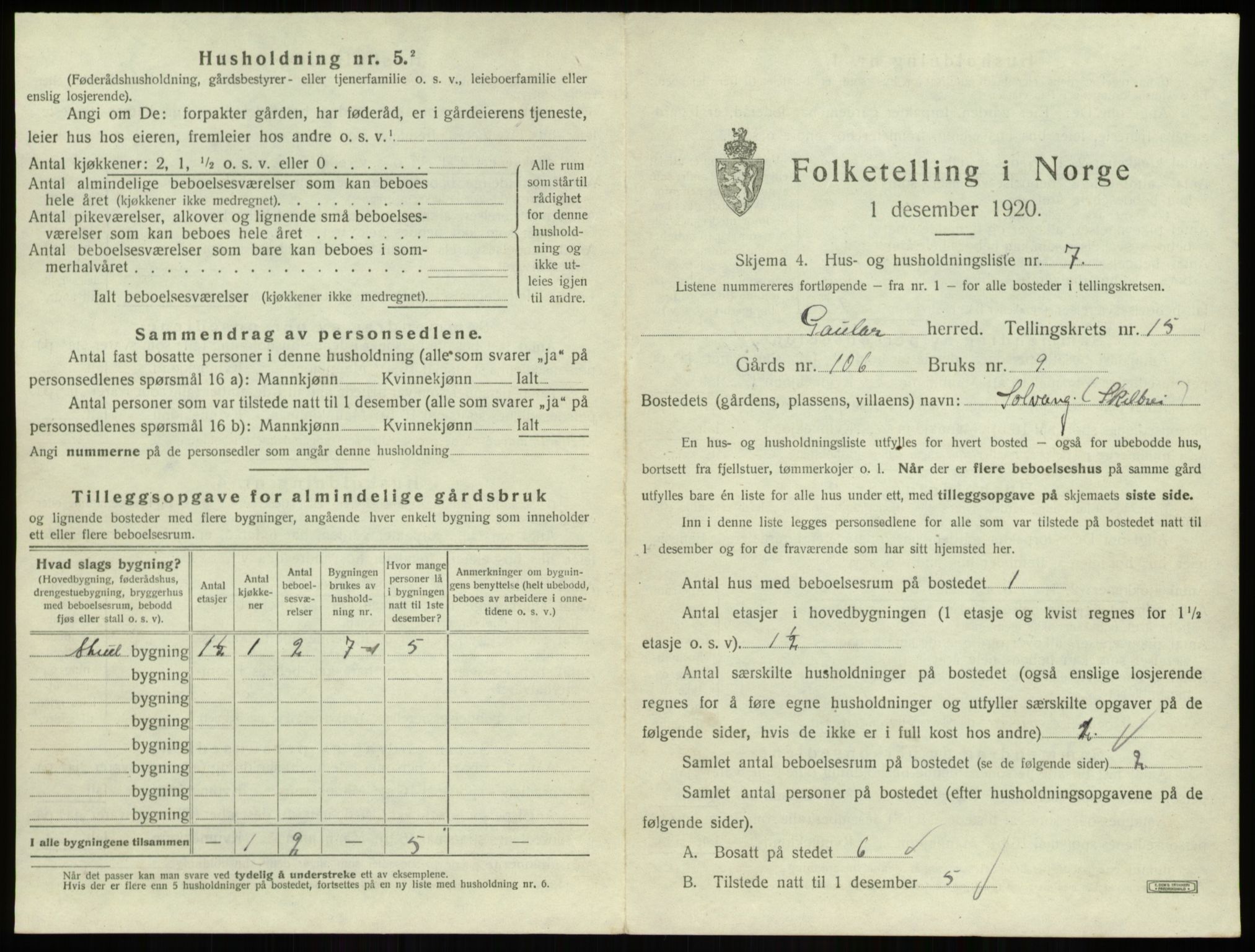 SAB, 1920 census for Gaular, 1920, p. 1078