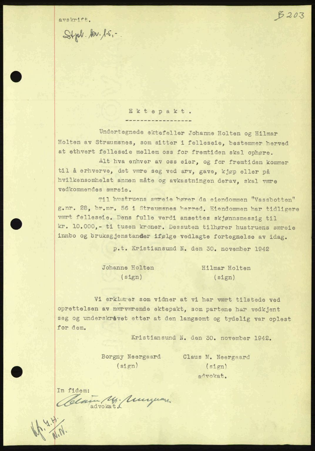 Nordmøre sorenskriveri, AV/SAT-A-4132/1/2/2Ca: Mortgage book no. B90, 1942-1943, Diary no: : 3137/1942