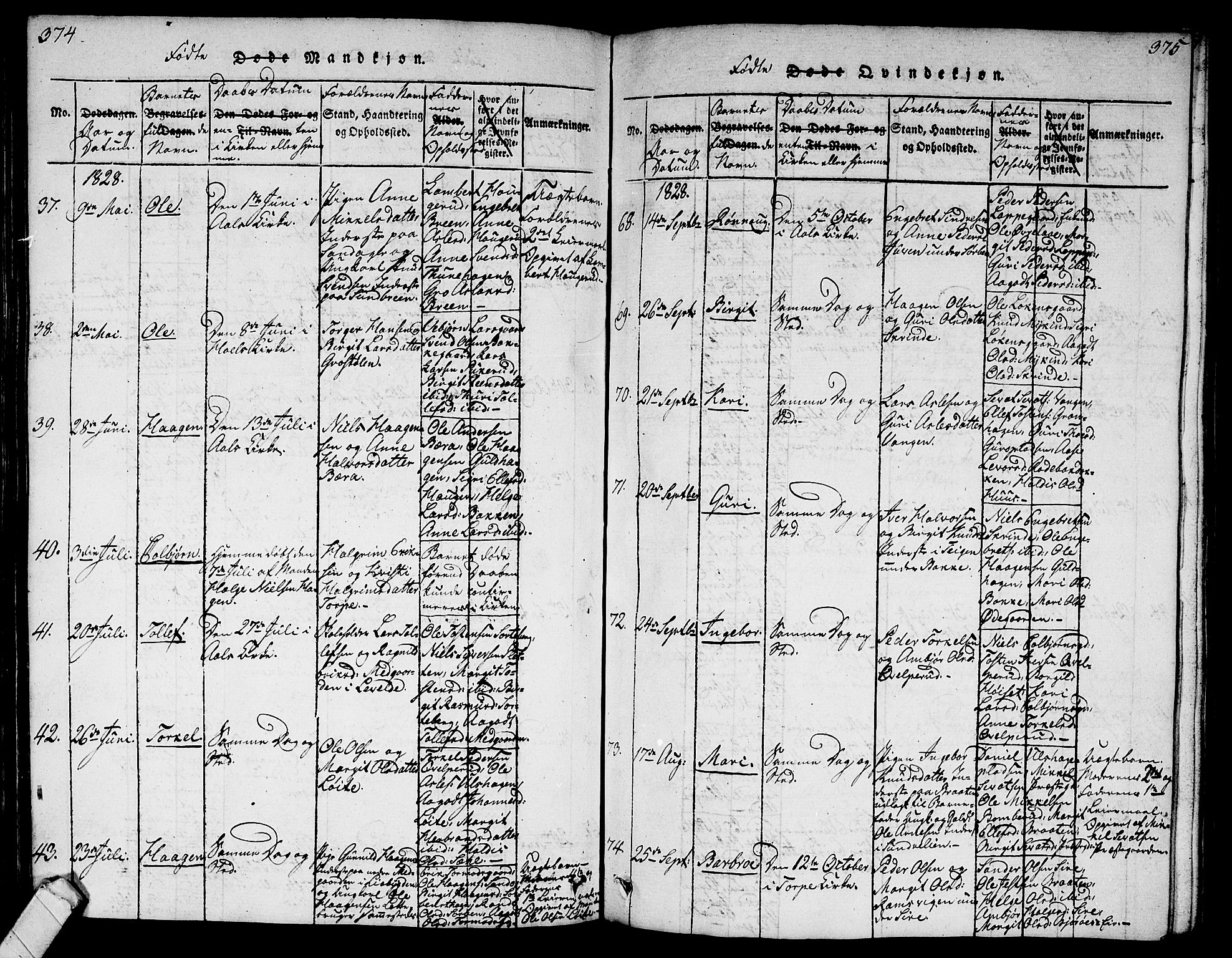 Ål kirkebøker, AV/SAKO-A-249/G/Ga/L0001: Parish register (copy) no. 1, 1815-1829, p. 374-375