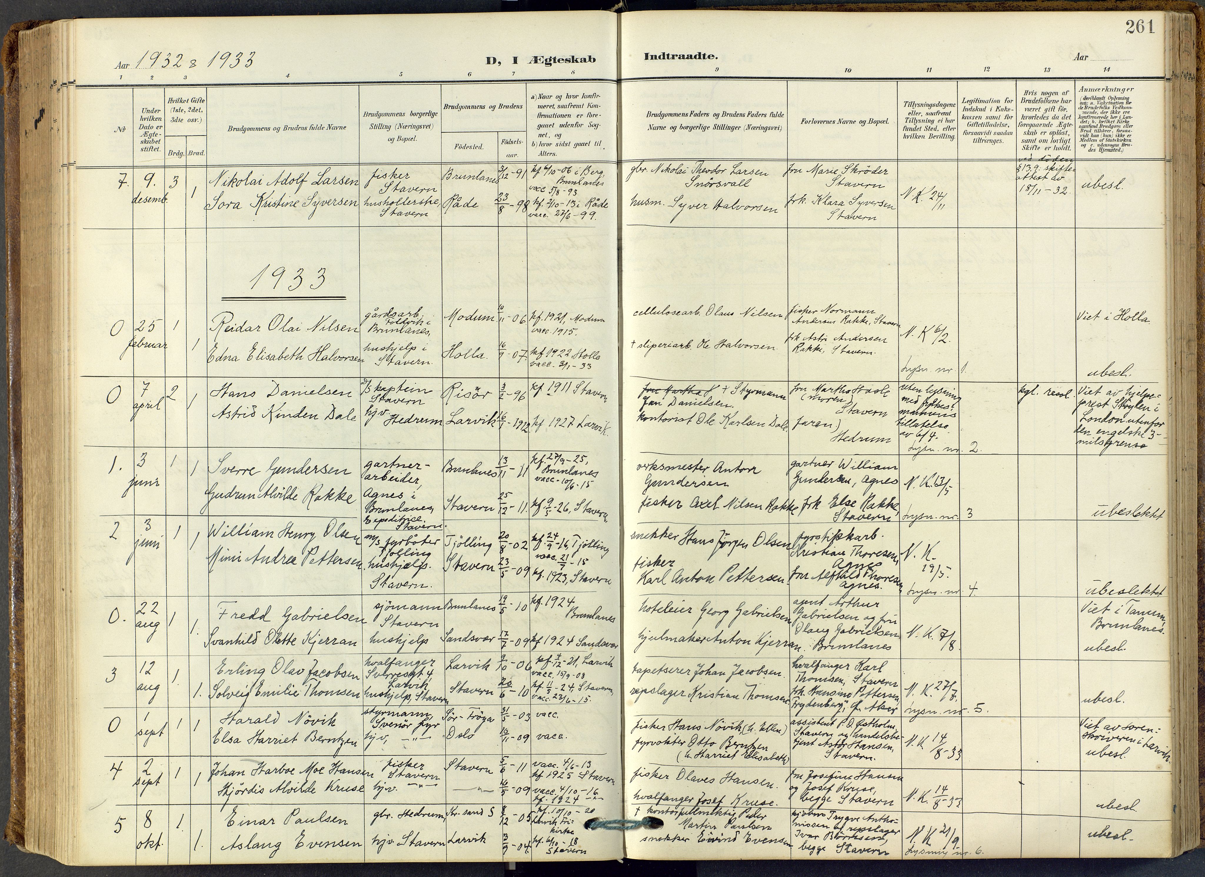 Stavern kirkebøker, SAKO/A-318/F/Fa/L0009: Parish register (official) no. 9, 1906-1955, p. 261