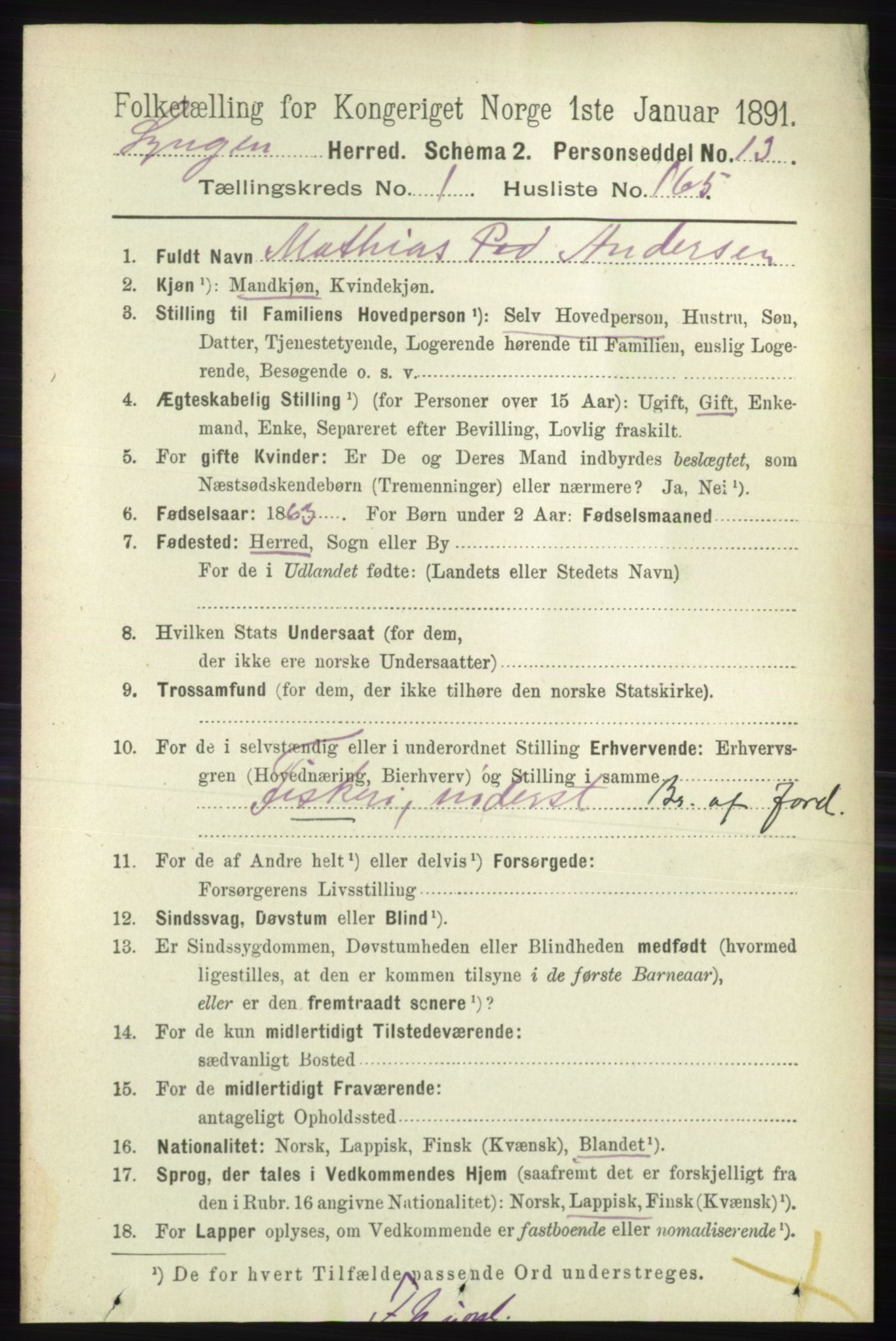 RA, 1891 census for 1938 Lyngen, 1891, p. 1375