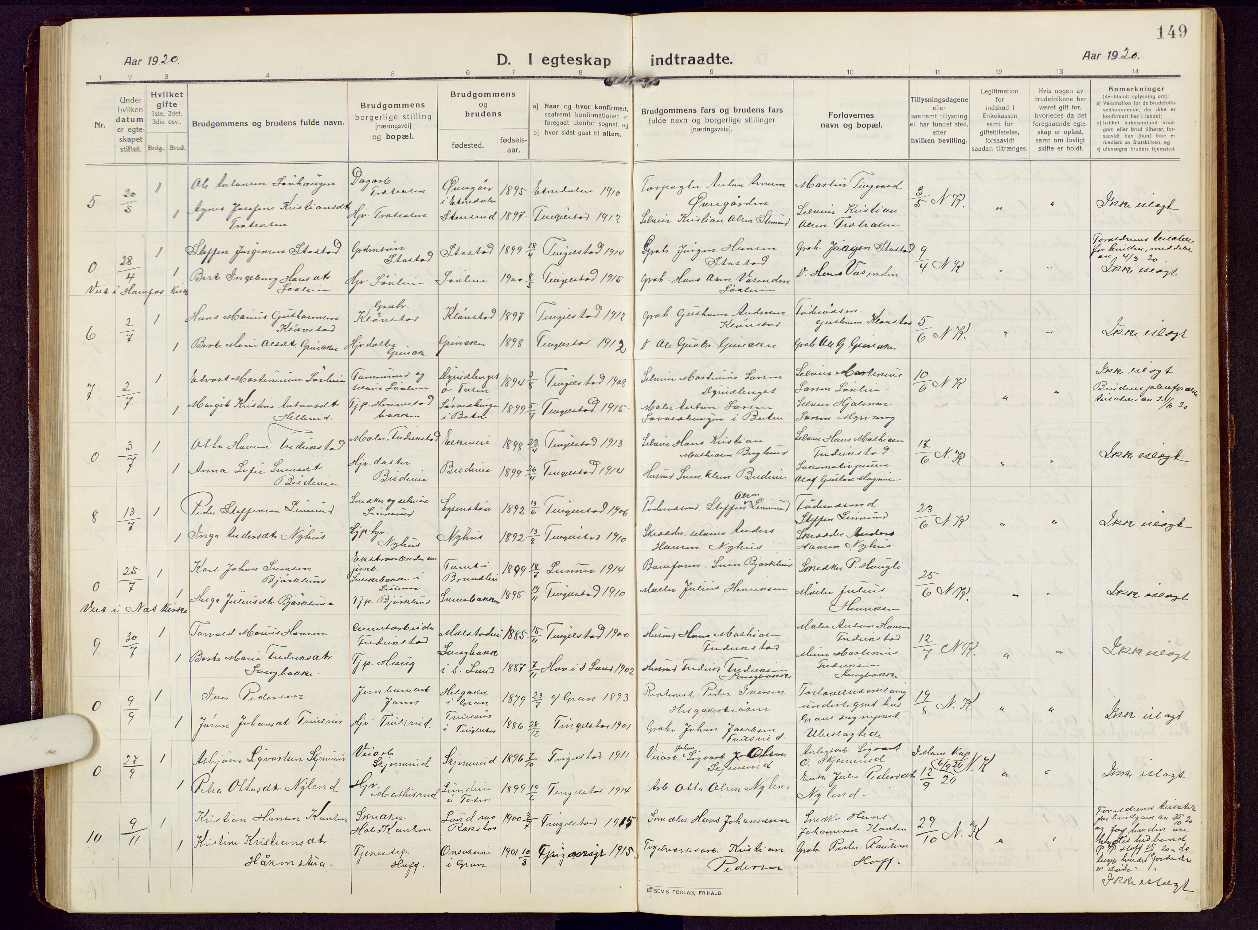 Brandbu prestekontor, SAH/PREST-114/H/Ha/Hab/L0010: Parish register (copy) no. 10, 1916-1930, p. 149