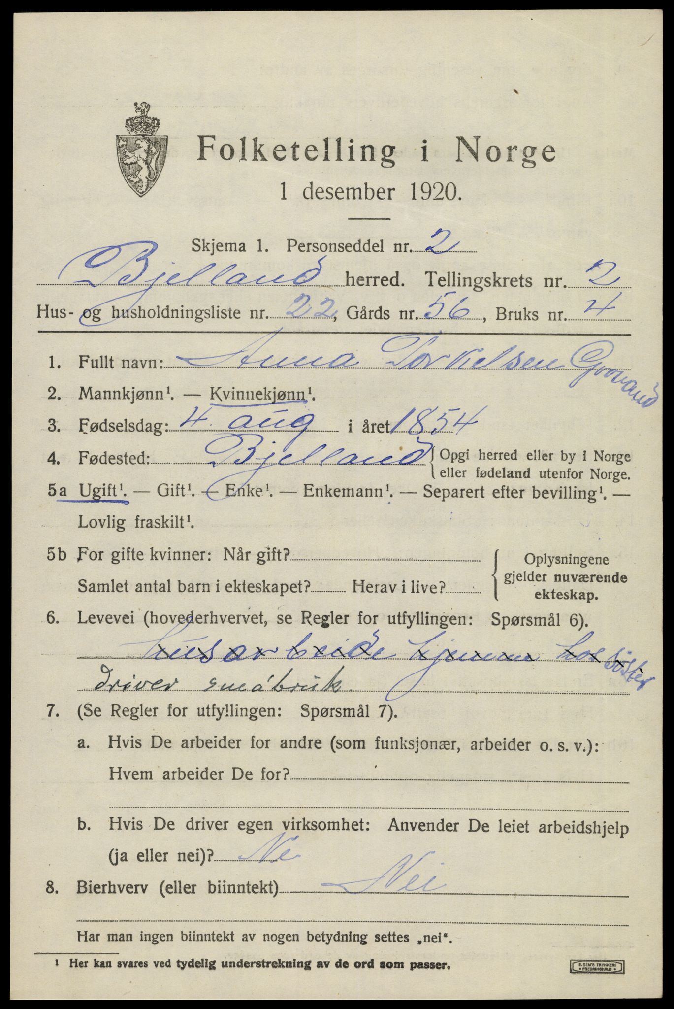 SAK, 1920 census for Bjelland, 1920, p. 951