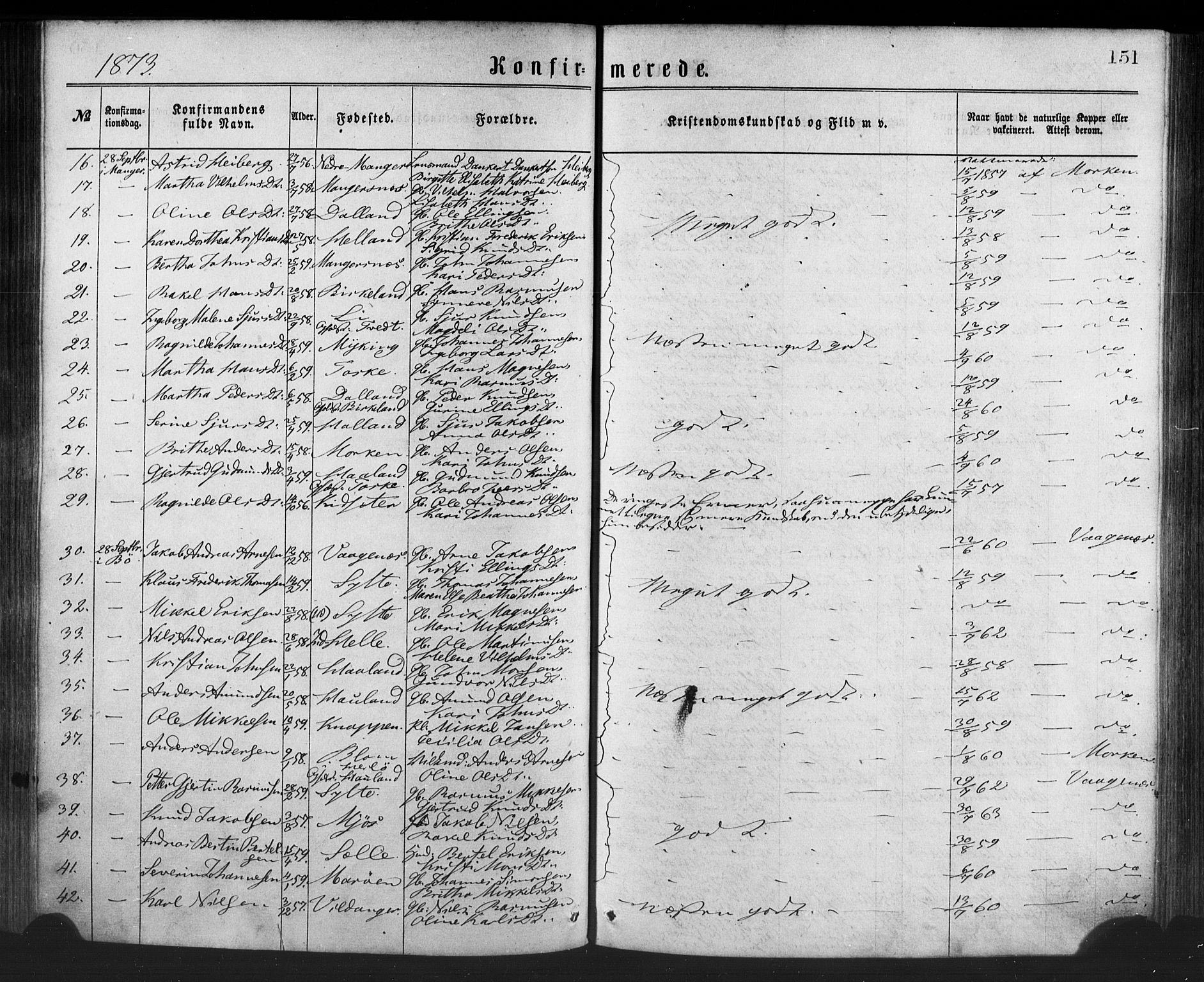 Manger sokneprestembete, AV/SAB-A-76801/H/Haa: Parish register (official) no. A 8, 1871-1880, p. 151