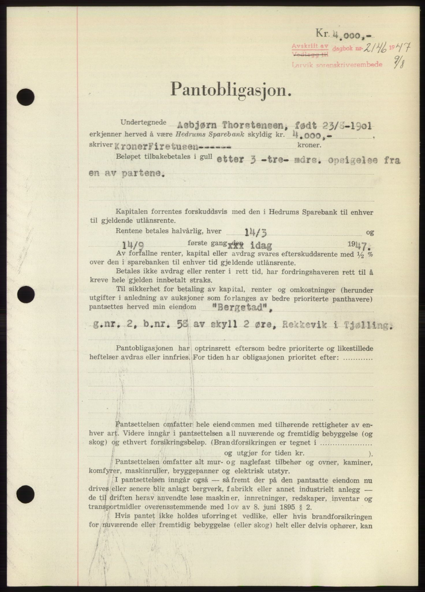 Larvik sorenskriveri, AV/SAKO-A-83/G/Ga/Gac/L0012: Mortgage book no. B-12, 1947-1947, Diary no: : 2146/1947