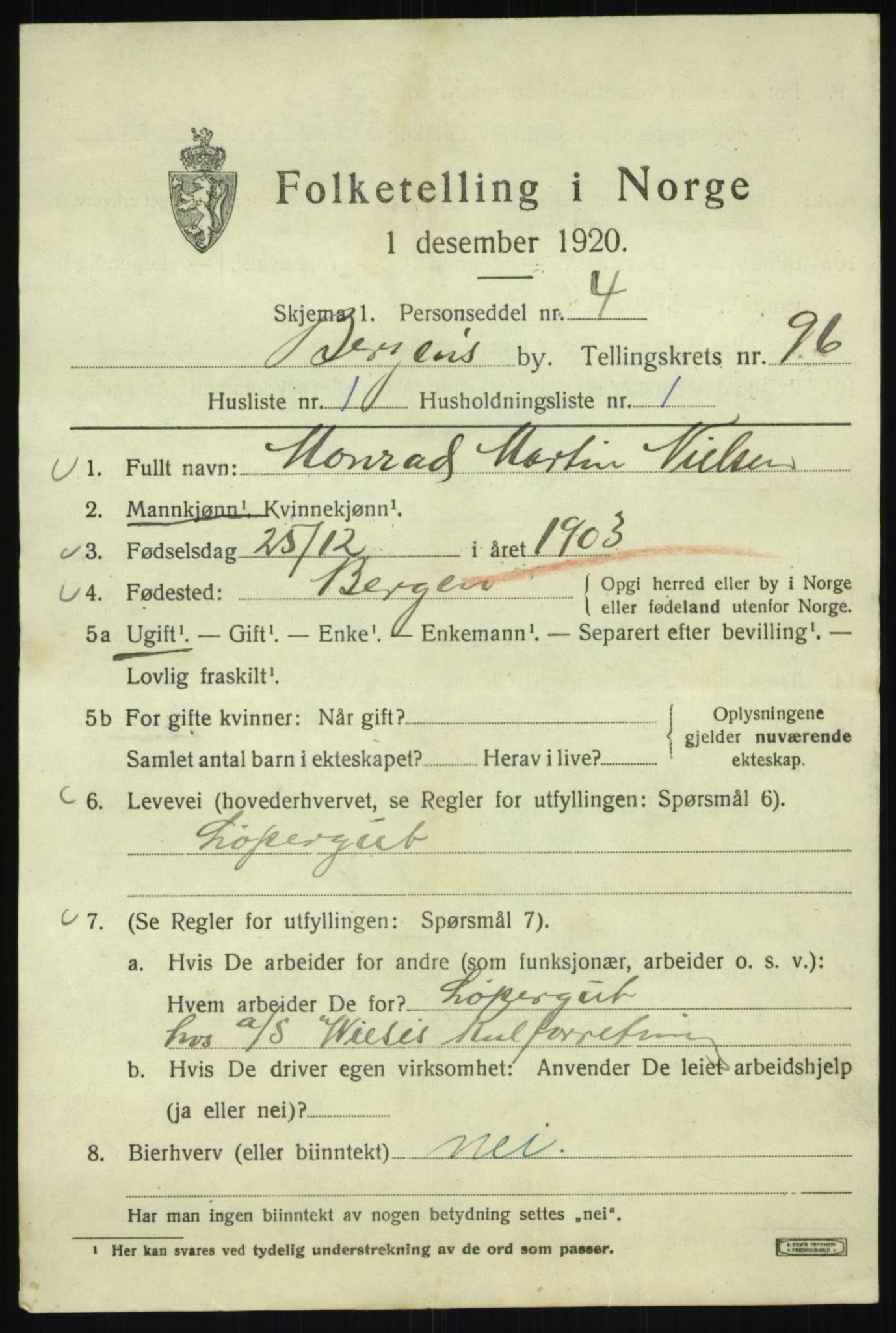 SAB, 1920 census for Bergen, 1920, p. 169888