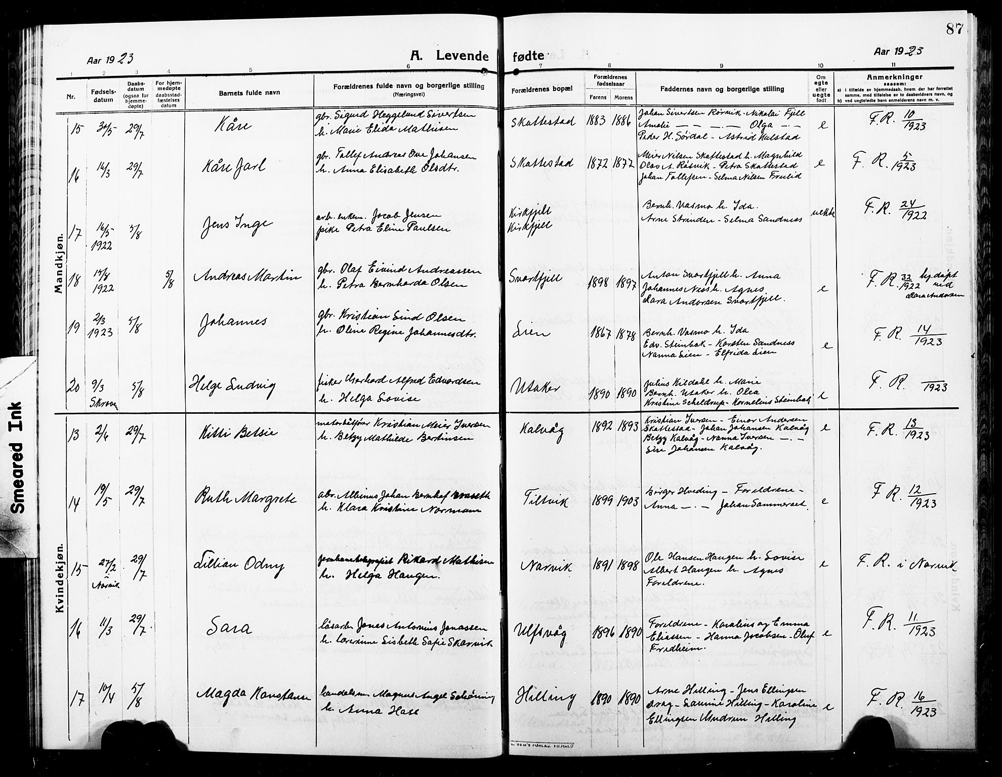 Ministerialprotokoller, klokkerbøker og fødselsregistre - Nordland, AV/SAT-A-1459/859/L0861: Parish register (copy) no. 859C07, 1910-1925, p. 87