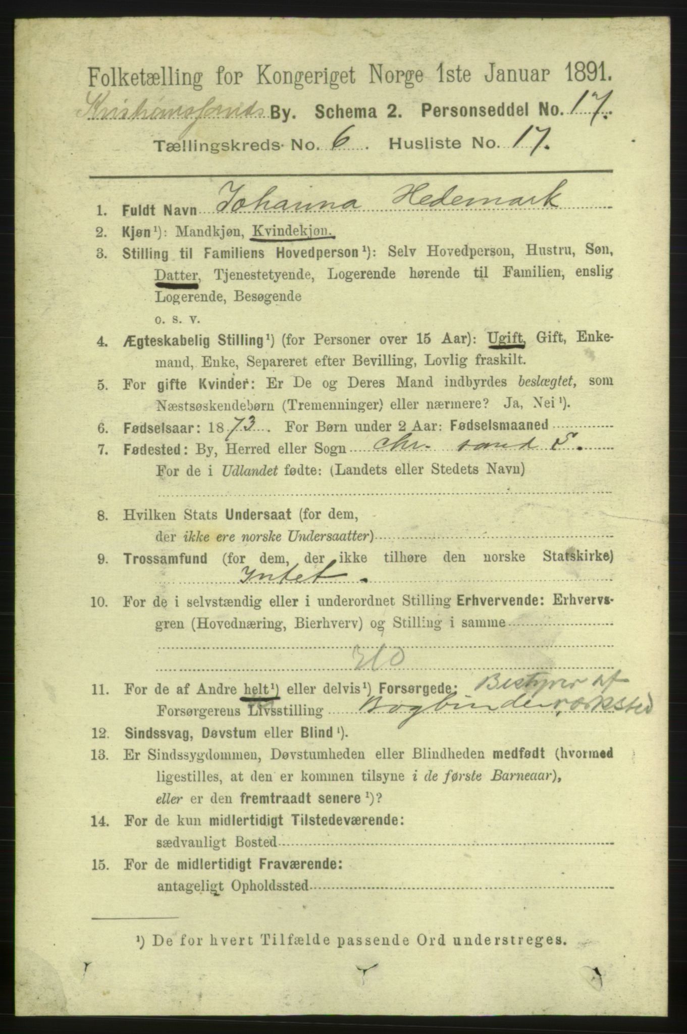 RA, 1891 census for 1001 Kristiansand, 1891, p. 4661