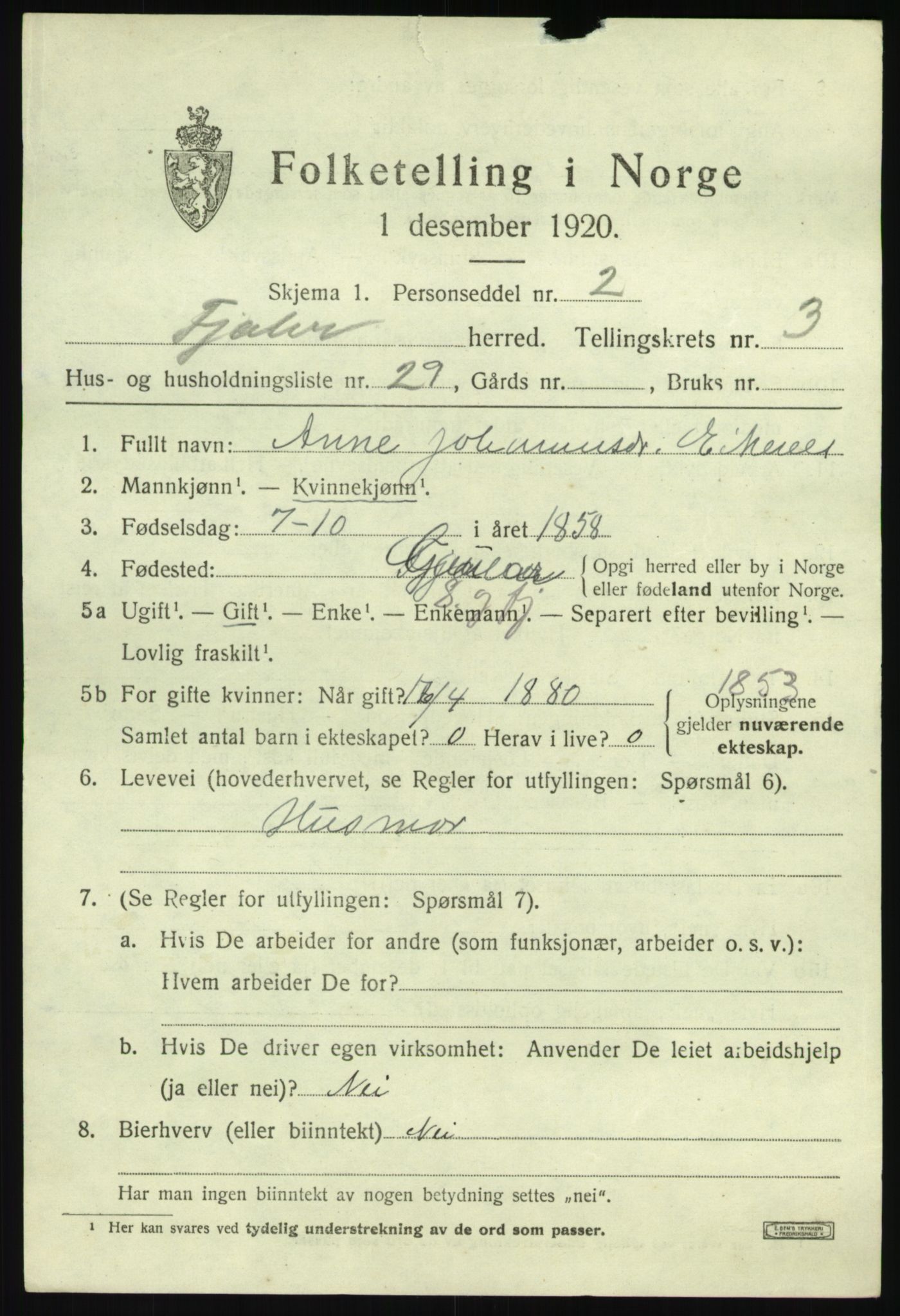 SAB, 1920 census for Fjaler, 1920, p. 3017