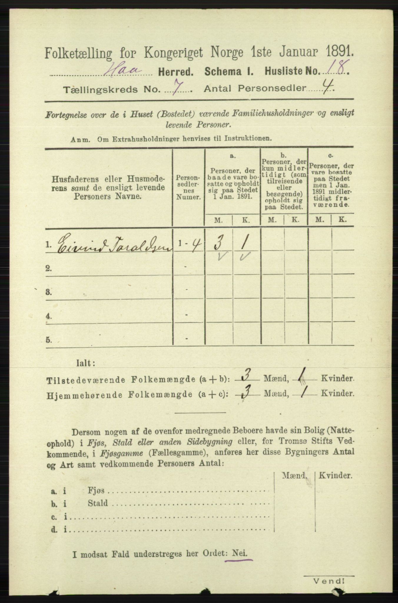 RA, 1891 census for 1119 Hå, 1891, p. 1909