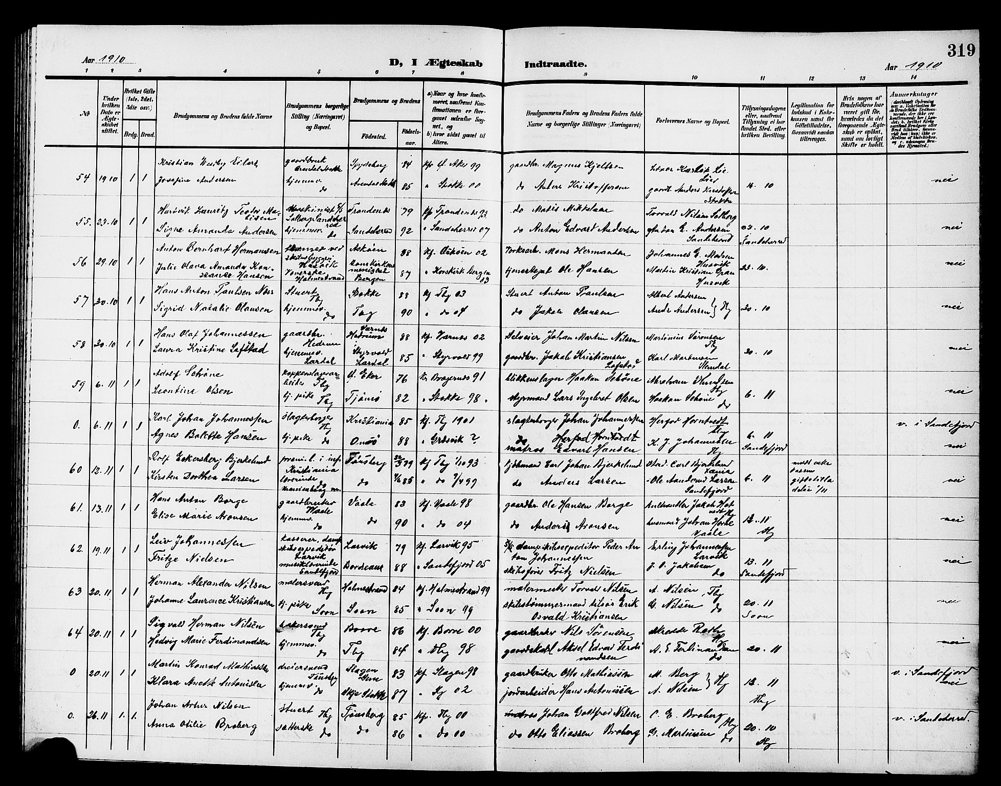 Tønsberg kirkebøker, AV/SAKO-A-330/G/Ga/L0008: Parish register (copy) no. 8, 1905-1912, p. 319