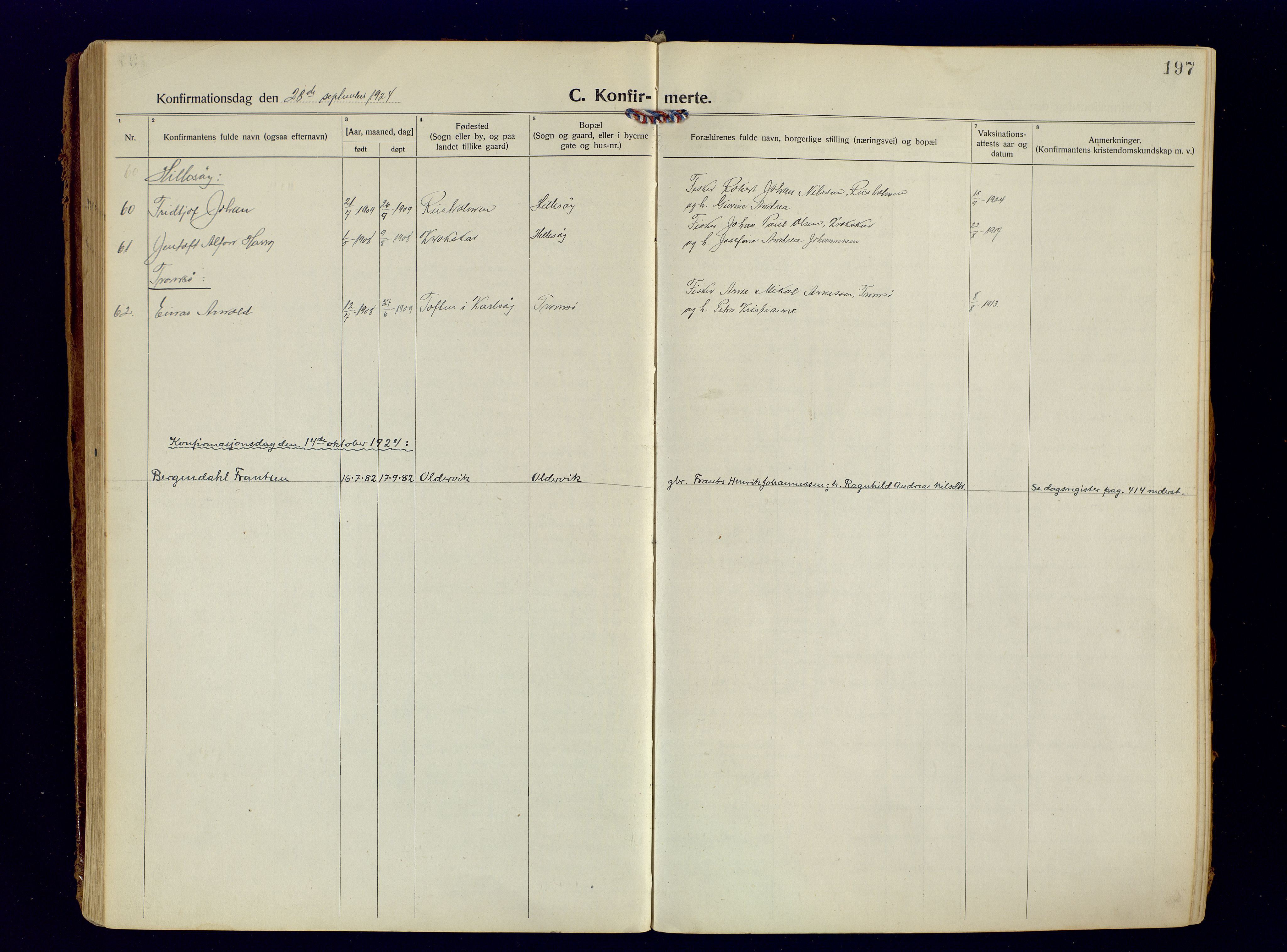 Tromsøysund sokneprestkontor, AV/SATØ-S-1304/G/Ga/L0009kirke: Parish register (official) no. 9, 1922-1934, p. 197