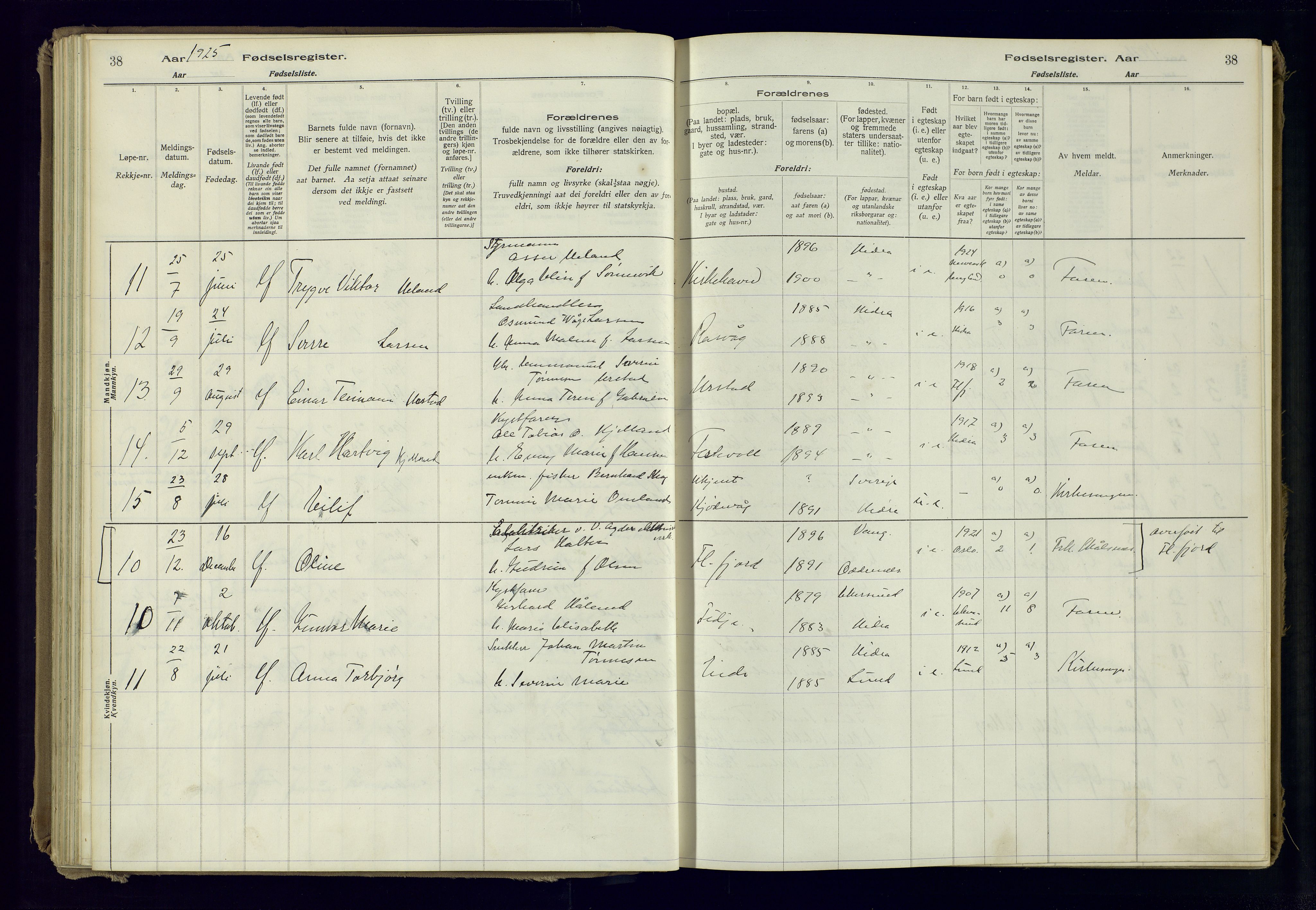 Flekkefjord sokneprestkontor, AV/SAK-1111-0012/J/Ja/L0007: Birth register no. 7, 1916-1982, p. 38