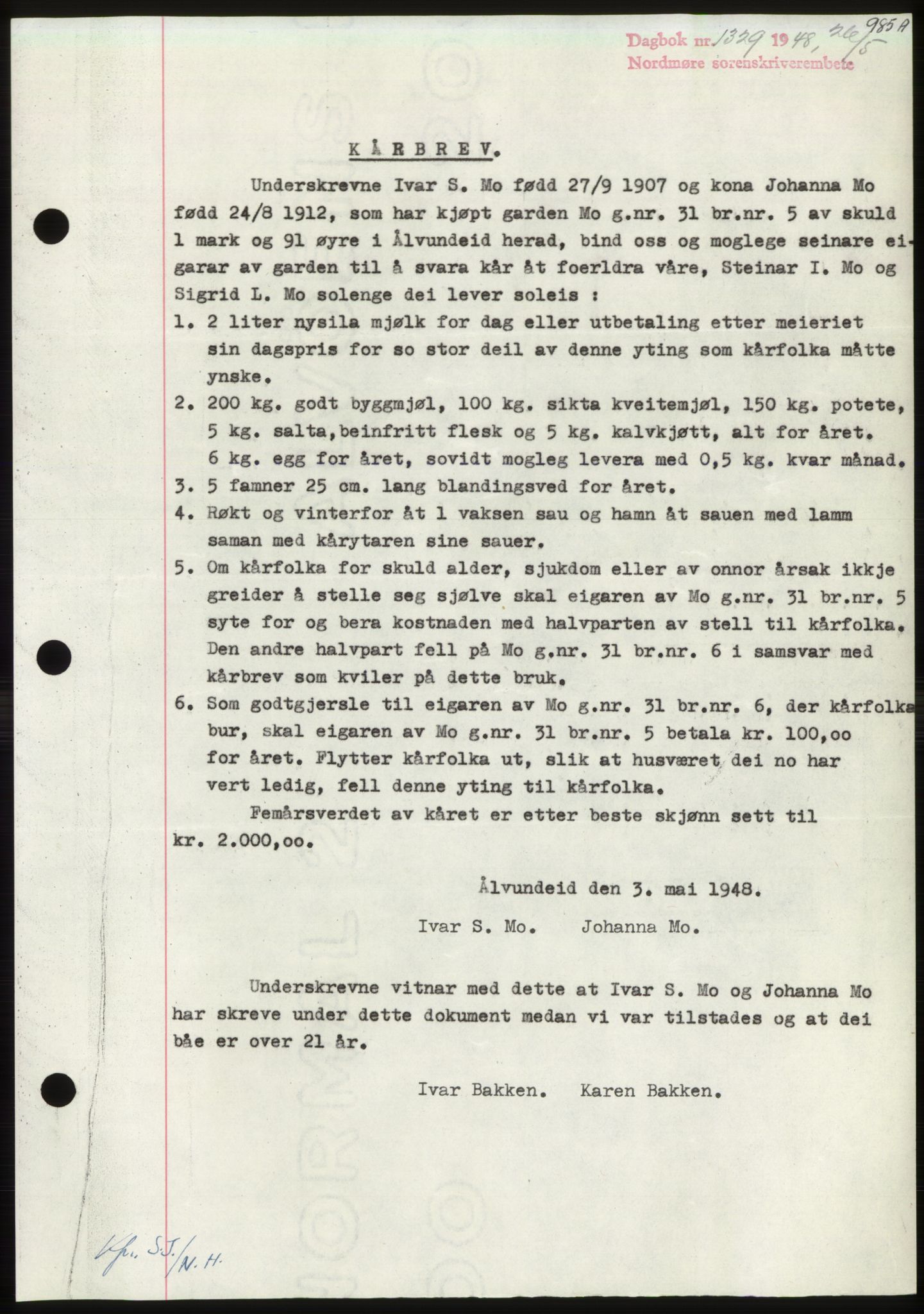 Nordmøre sorenskriveri, AV/SAT-A-4132/1/2/2Ca: Mortgage book no. B98, 1948-1948, Diary no: : 1329/1948