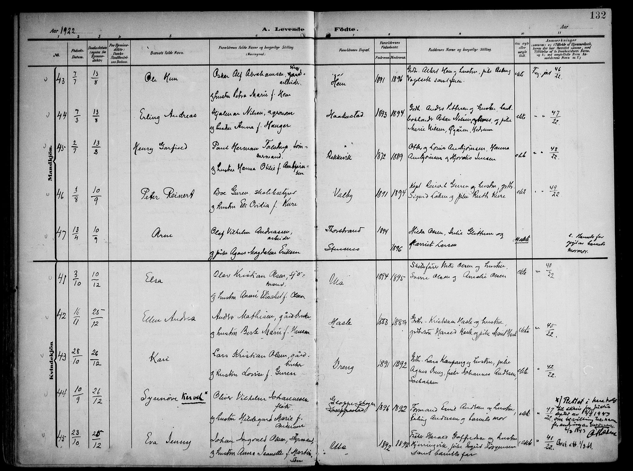 Tjølling kirkebøker, AV/SAKO-A-60/F/Fa/L0010: Parish register (official) no. 10, 1906-1923, p. 132