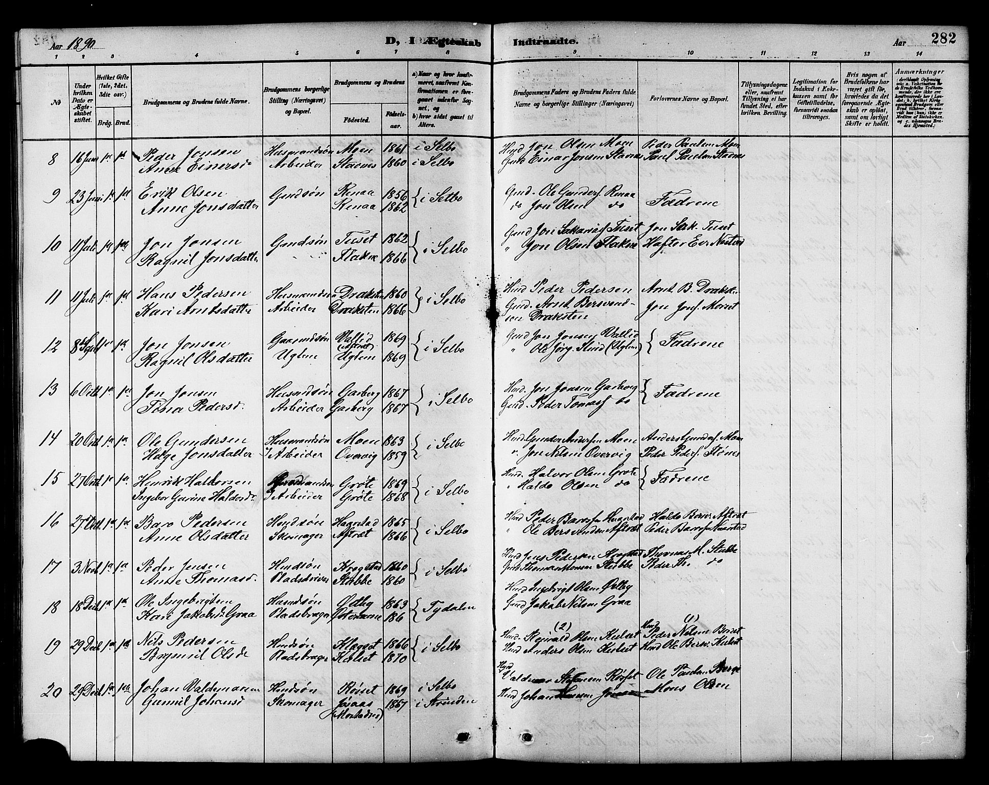 Ministerialprotokoller, klokkerbøker og fødselsregistre - Sør-Trøndelag, AV/SAT-A-1456/695/L1157: Parish register (copy) no. 695C08, 1889-1913, p. 282