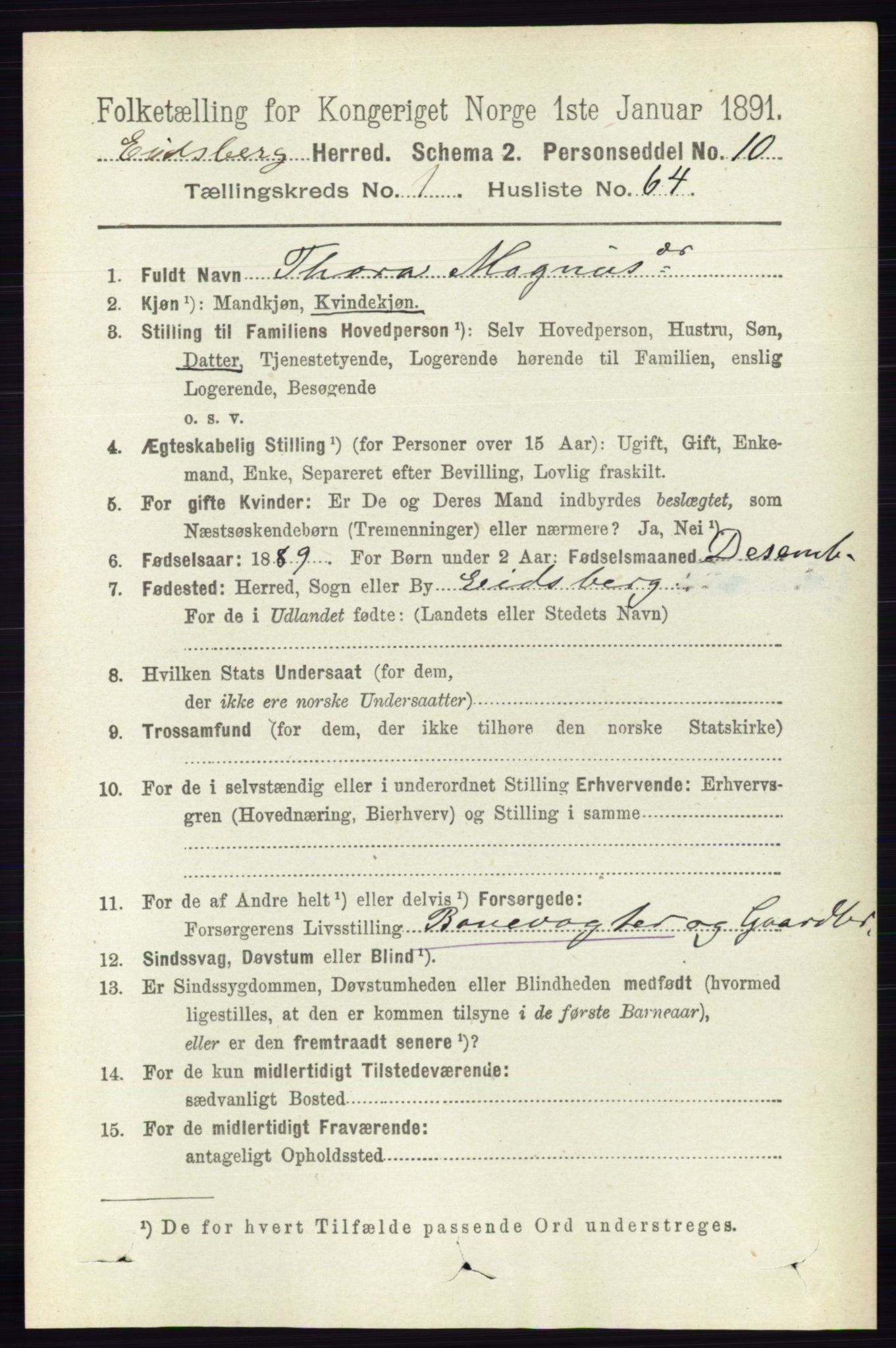 RA, 1891 census for 0125 Eidsberg, 1891, p. 543