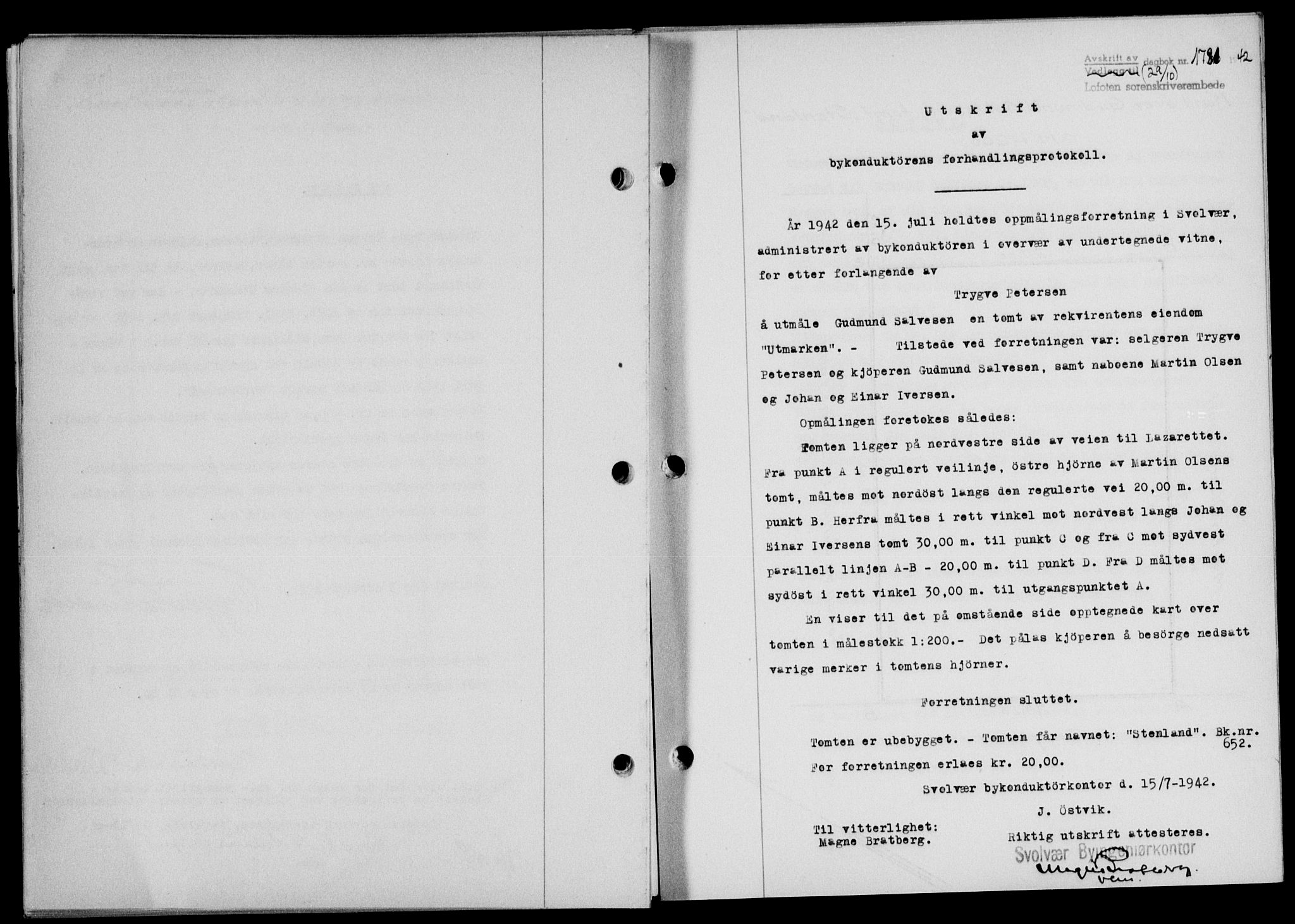 Lofoten sorenskriveri, SAT/A-0017/1/2/2C/L0010a: Mortgage book no. 10a, 1942-1943, Diary no: : 1781/1942