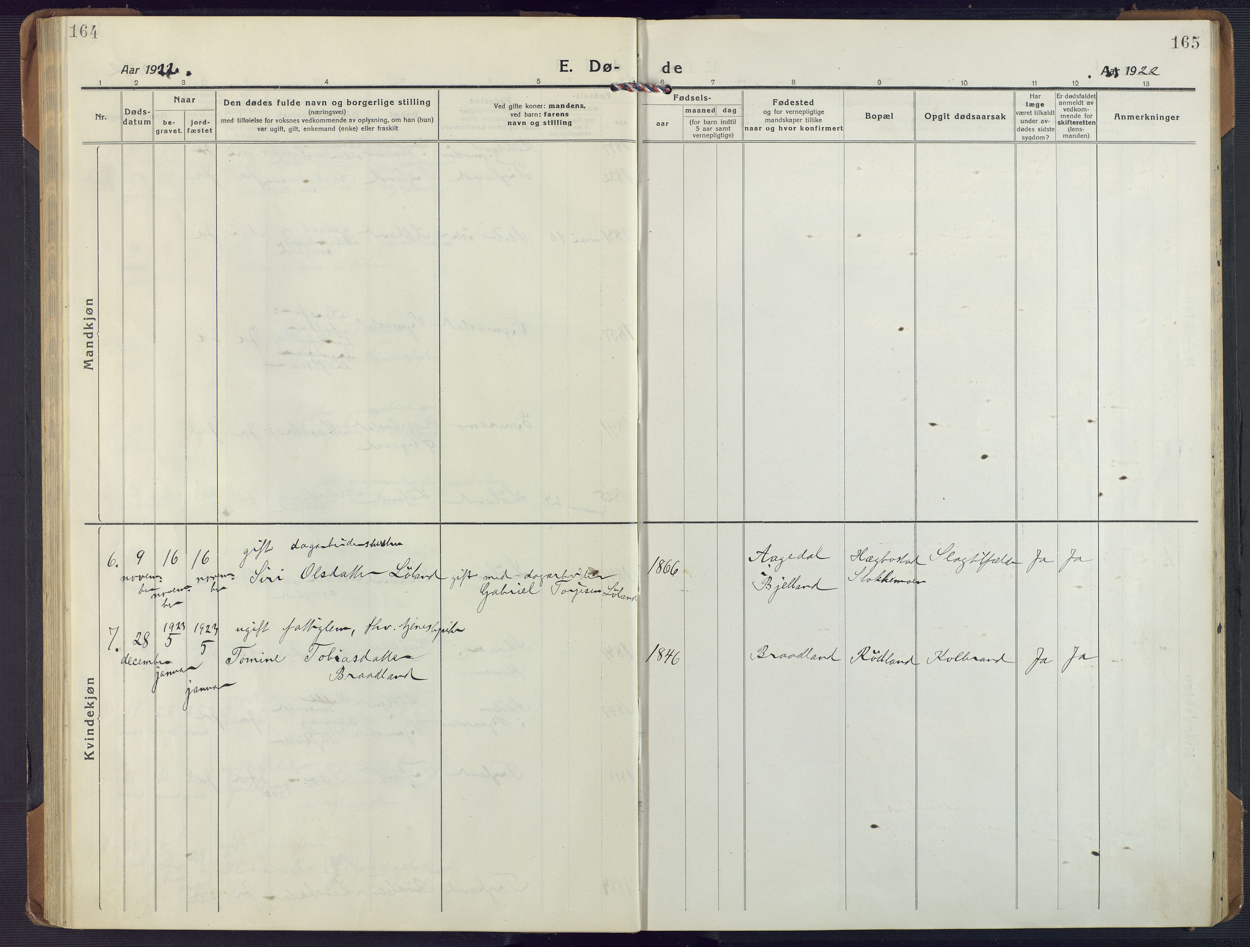 Nord-Audnedal sokneprestkontor, SAK/1111-0032/F/Fa/Fab/L0005: Parish register (official) no. A 5, 1918-1925, p. 164-165