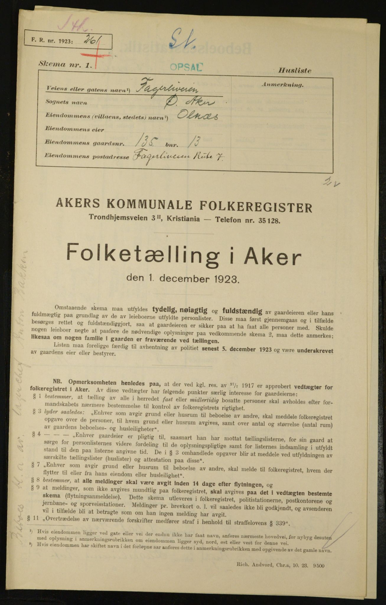 , Municipal Census 1923 for Aker, 1923, p. 23908