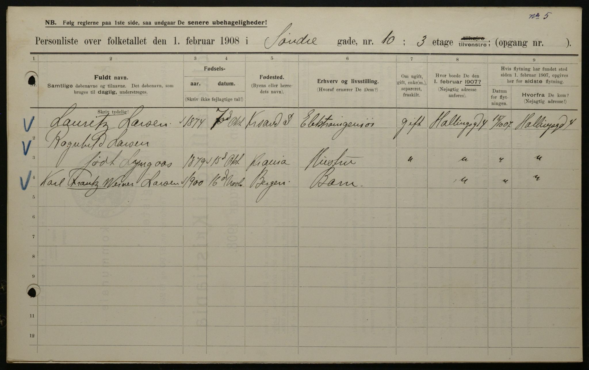 OBA, Municipal Census 1908 for Kristiania, 1908, p. 95617