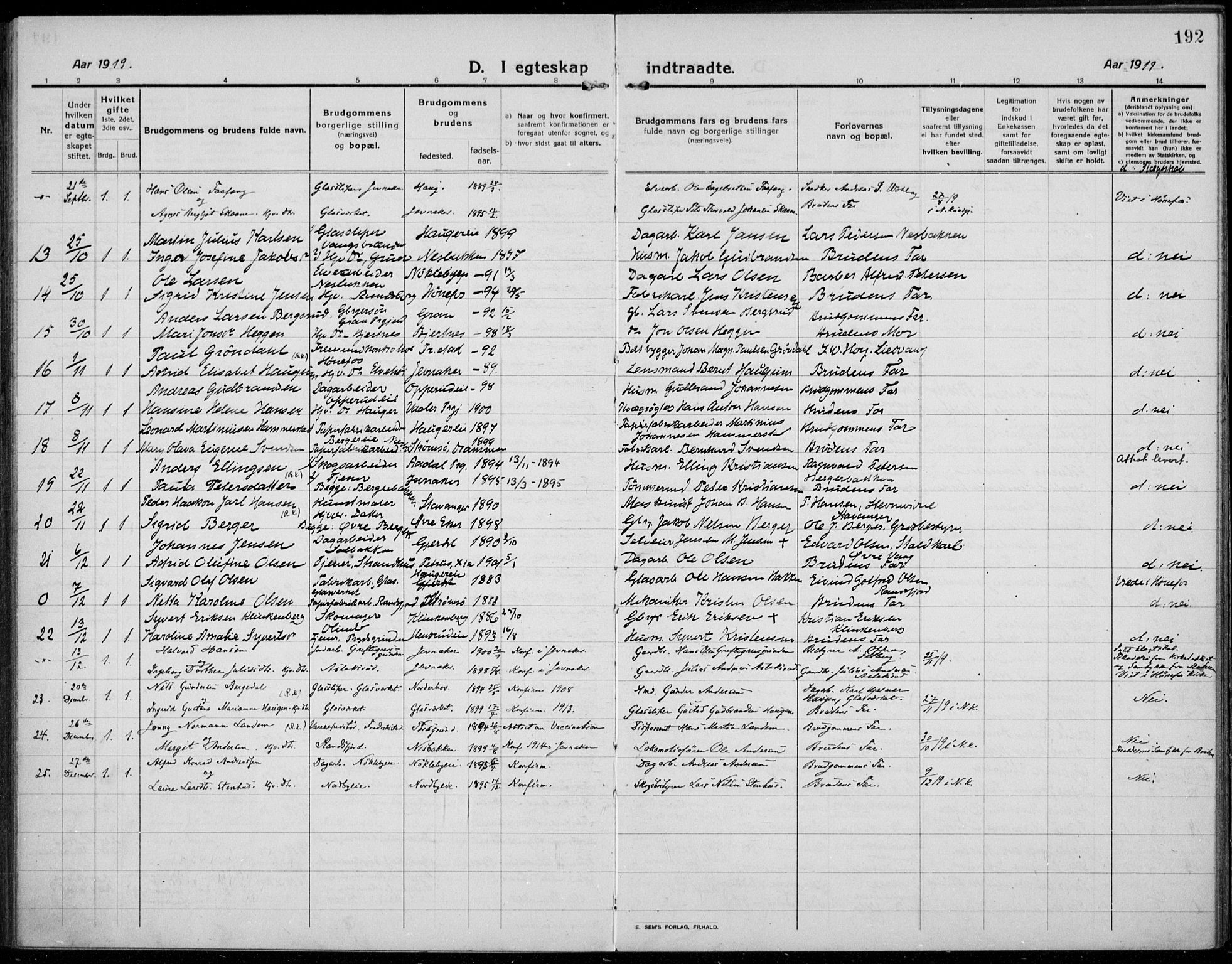 Jevnaker prestekontor, SAH/PREST-116/H/Ha/Haa/L0012: Parish register (official) no. 12, 1914-1924, p. 192