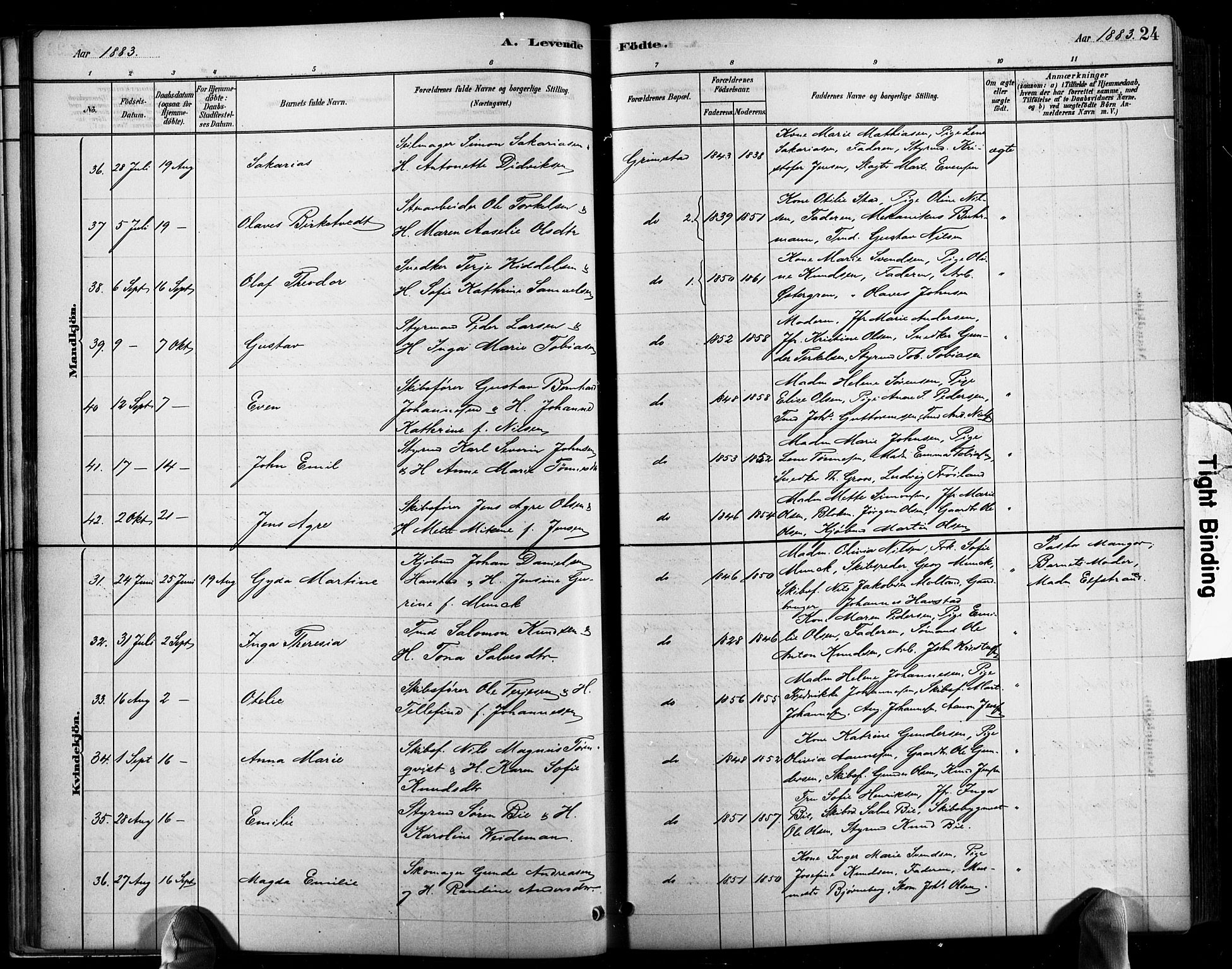 Grimstad sokneprestkontor, AV/SAK-1111-0017/F/Fb/L0001: Parish register (copy) no. B 1, 1881-1922, p. 24