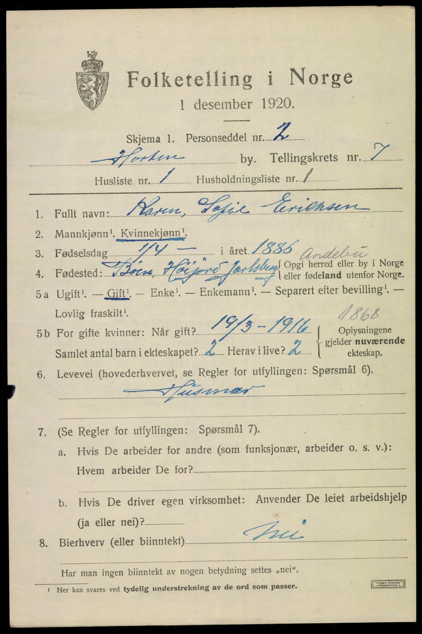 SAKO, 1920 census for Horten, 1920, p. 25833