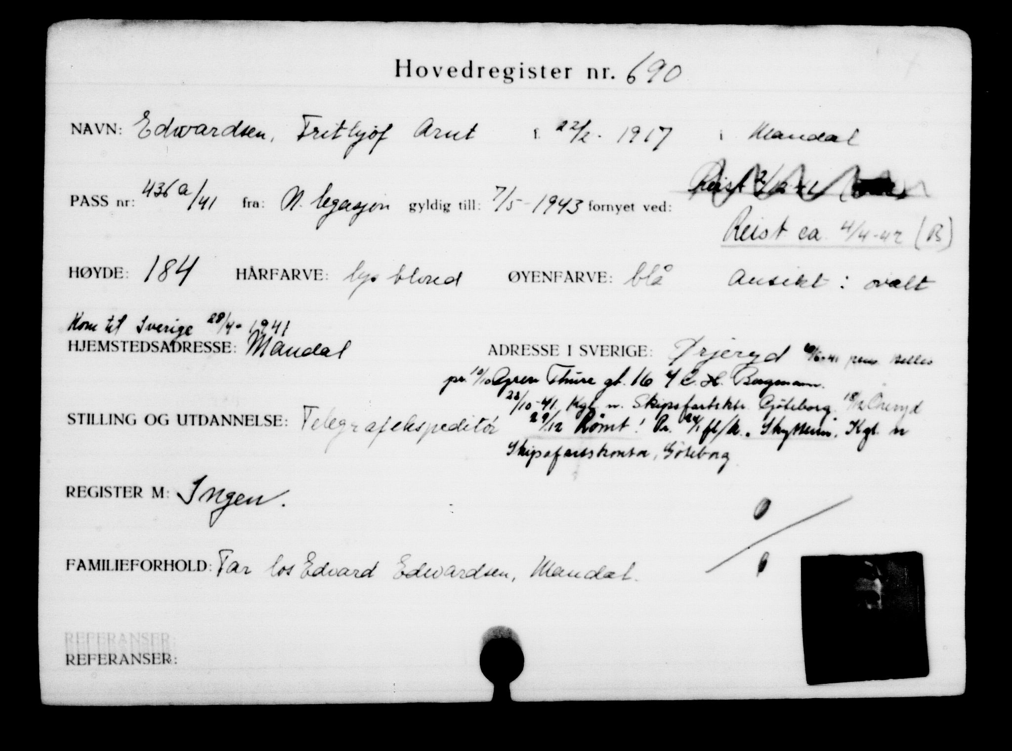 Utenriksstasjonene, Legasjonen i Stockholm, Flyktningkontoret, AV/RA-S-6753/V/Va/L0001: Kjesäterkartoteket, flyktninger med registreringsnr. 1-1000, 1940-1945, p. 1082