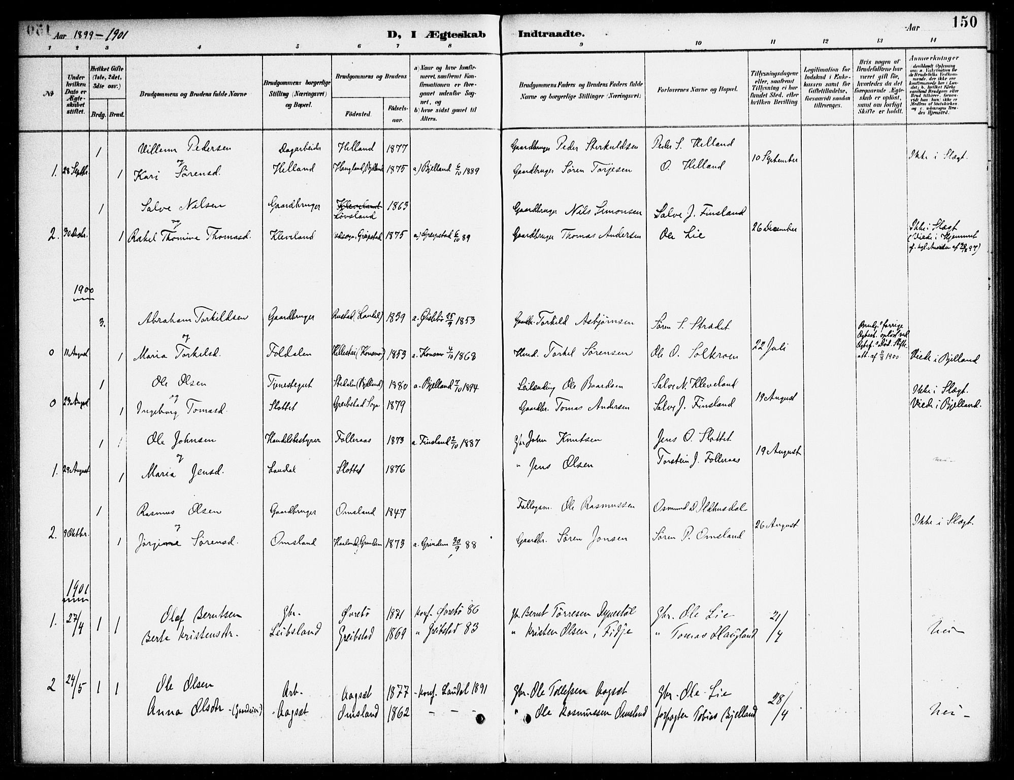 Bjelland sokneprestkontor, SAK/1111-0005/F/Fa/Fab/L0004: Parish register (official) no. A 4, 1887-1920, p. 150