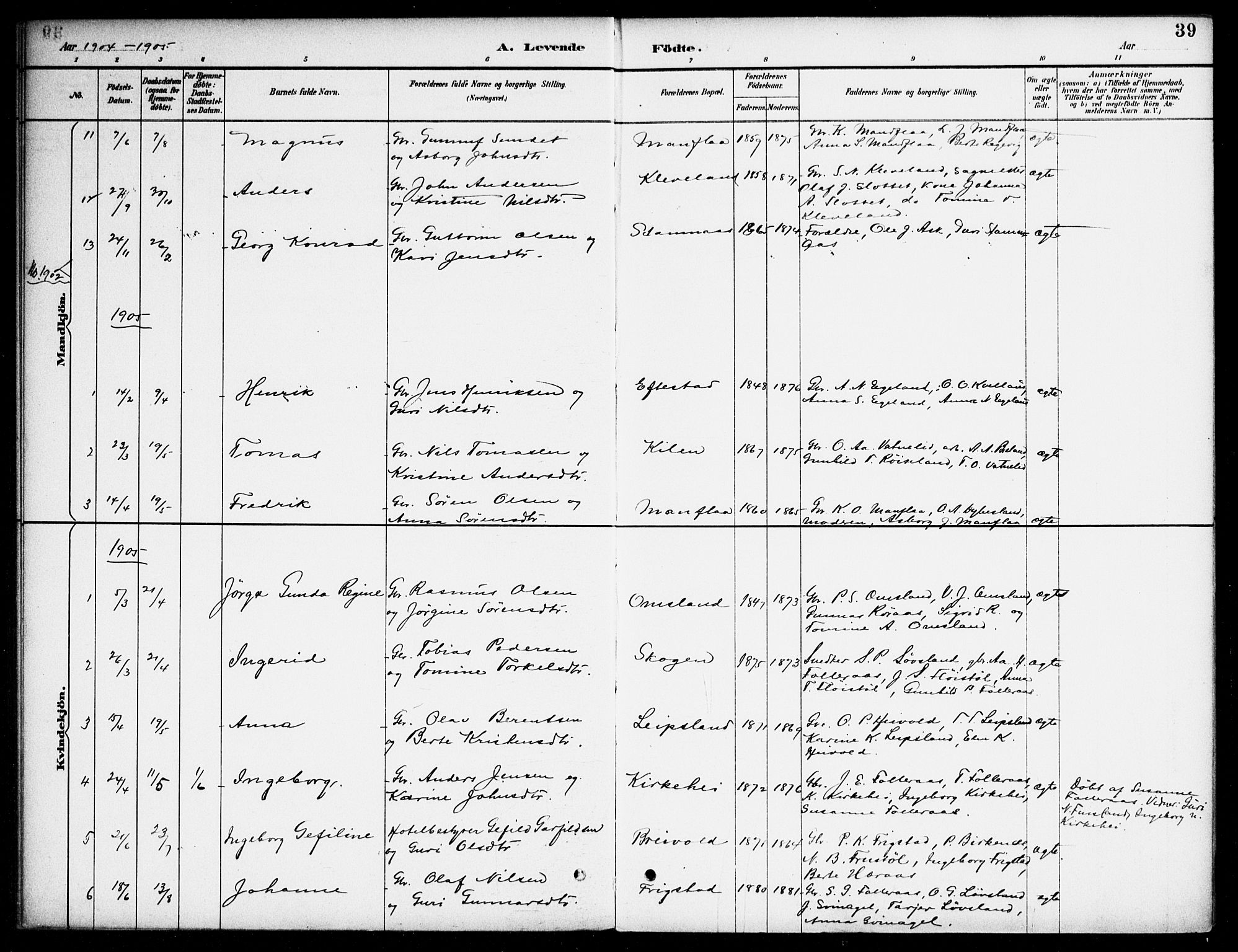 Bjelland sokneprestkontor, SAK/1111-0005/F/Fa/Fab/L0004: Parish register (official) no. A 4, 1887-1920, p. 39