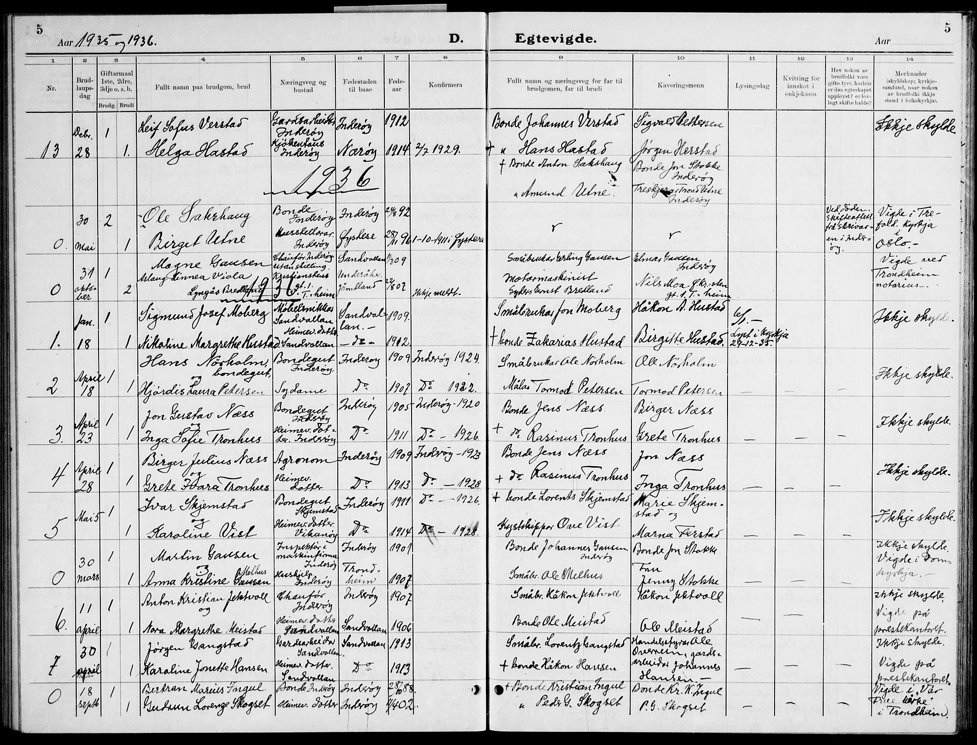 Ministerialprotokoller, klokkerbøker og fødselsregistre - Nord-Trøndelag, AV/SAT-A-1458/730/L0304: Parish register (copy) no. 730C07, 1934-1945, p. 5