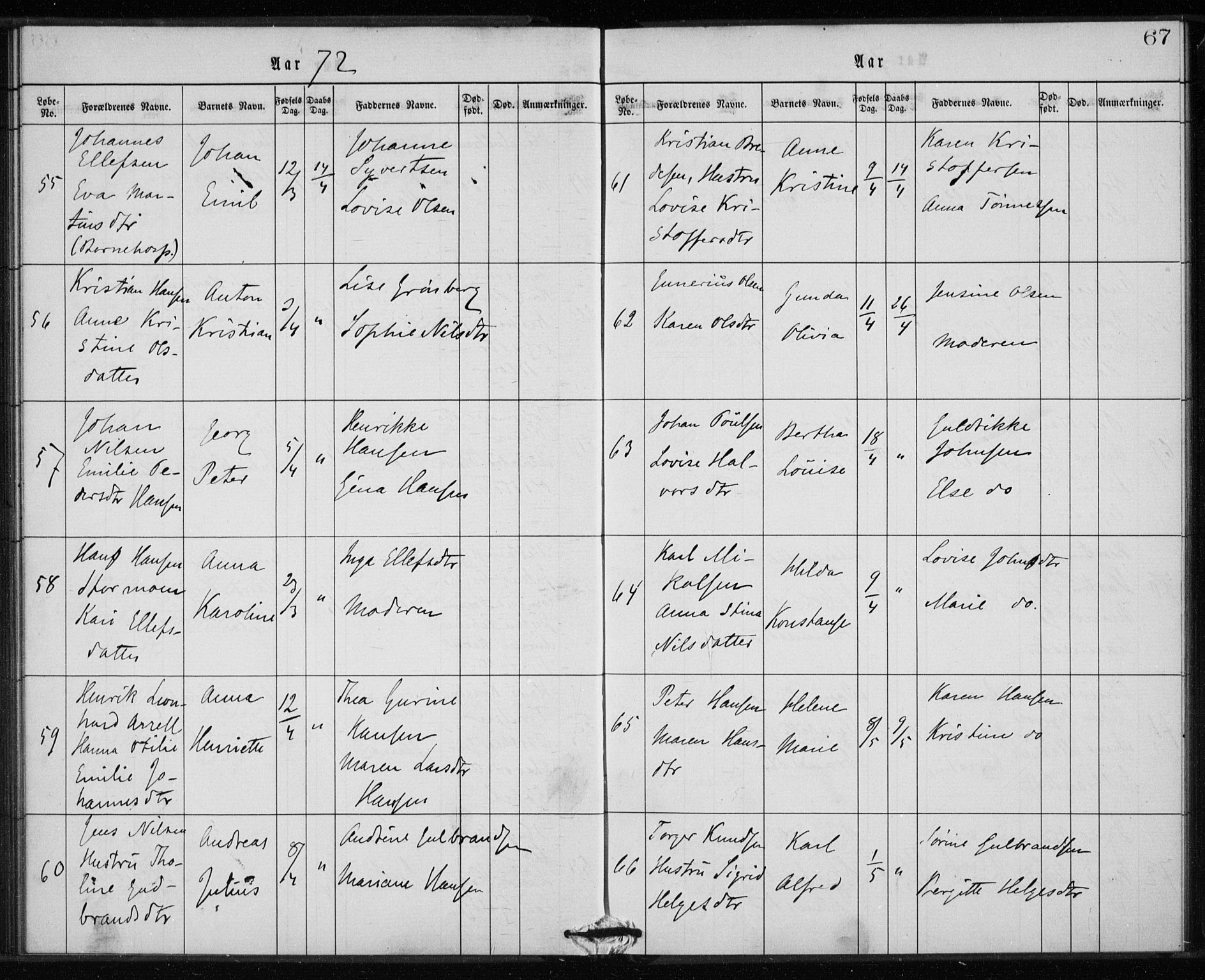 Rikshospitalet prestekontor Kirkebøker, AV/SAO-A-10309b/K/L0002/0003: Baptism register no. 2.3, 1868-1876, p. 67