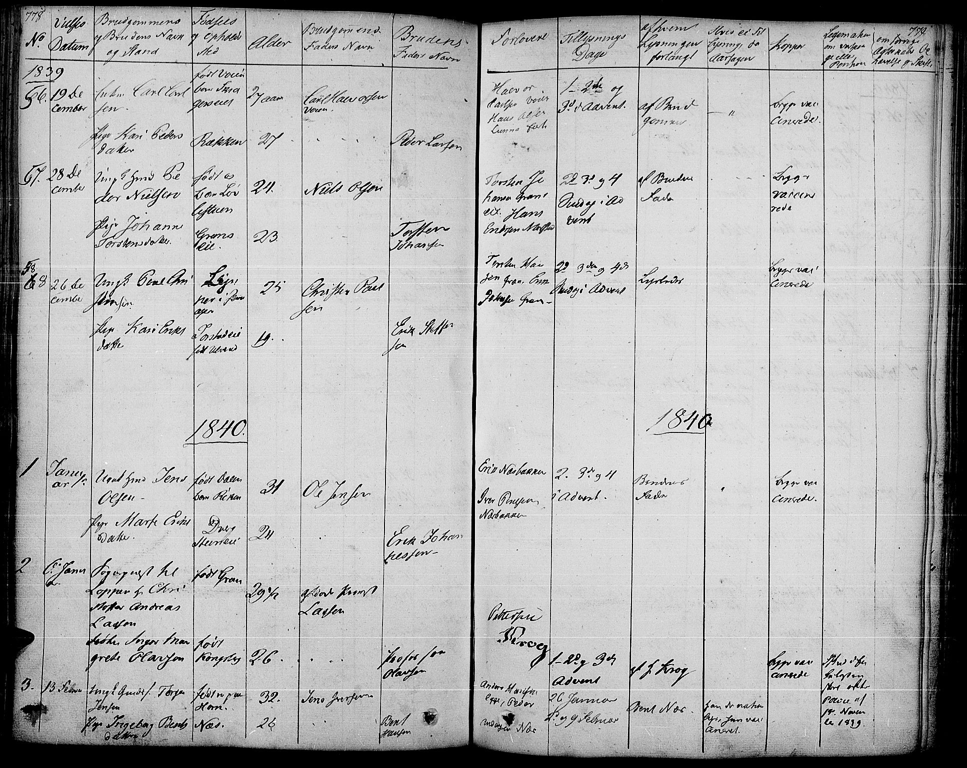 Gran prestekontor, SAH/PREST-112/H/Ha/Haa/L0010: Parish register (official) no. 10, 1824-1842, p. 778-779