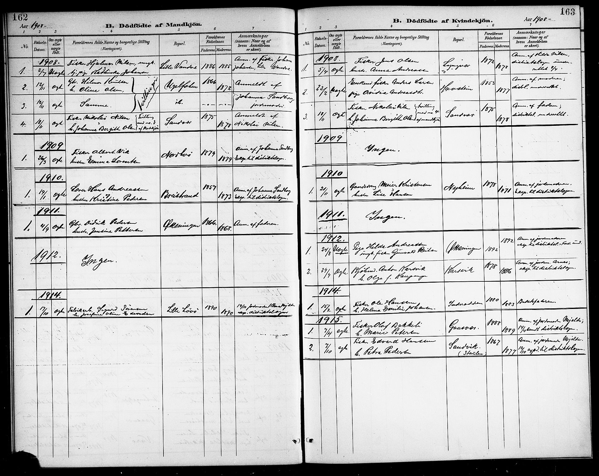Ministerialprotokoller, klokkerbøker og fødselsregistre - Nordland, SAT/A-1459/834/L0516: Parish register (copy) no. 834C06, 1902-1918, p. 162-163