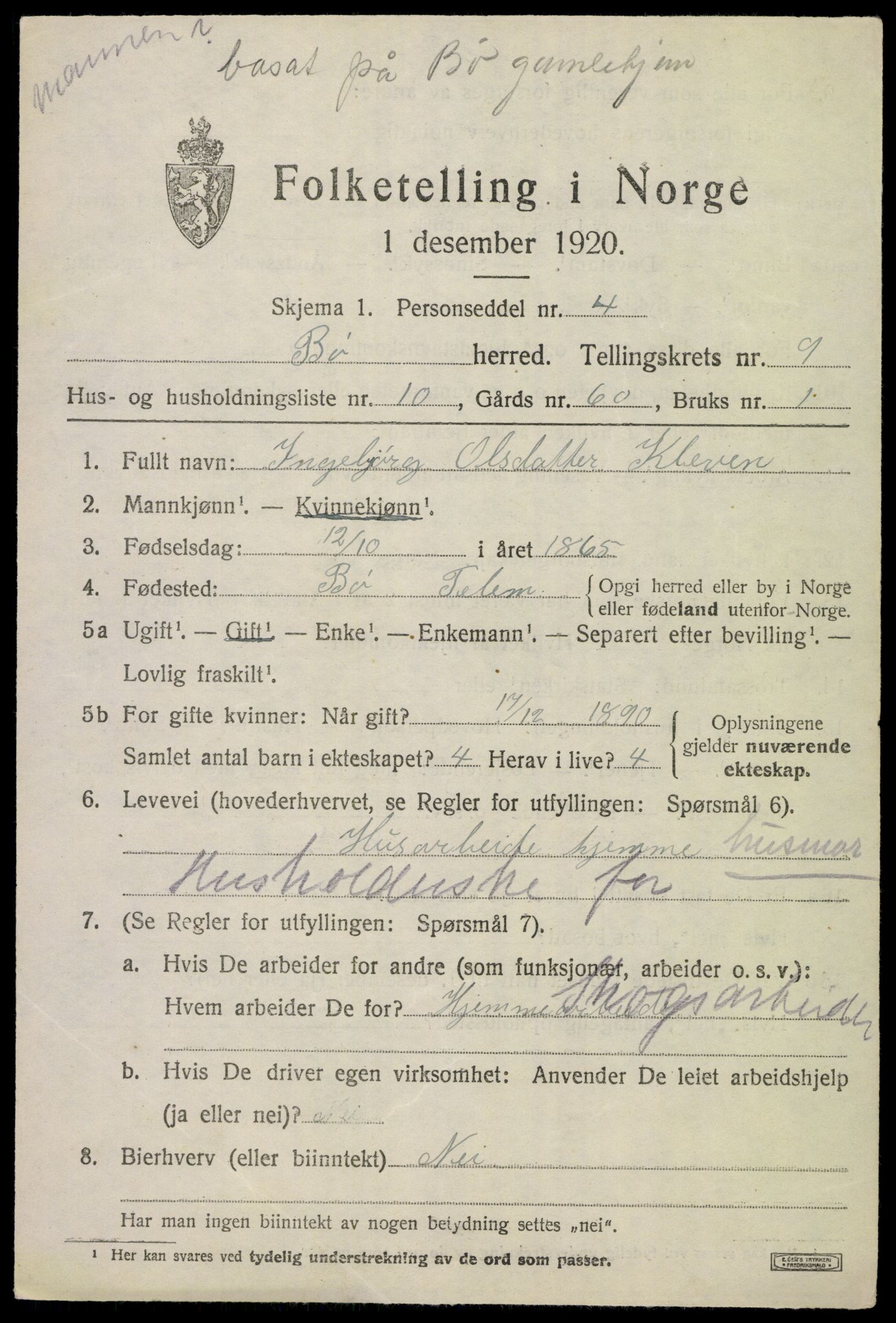 SAKO, 1920 census for Bø (Telemark), 1920, p. 6524
