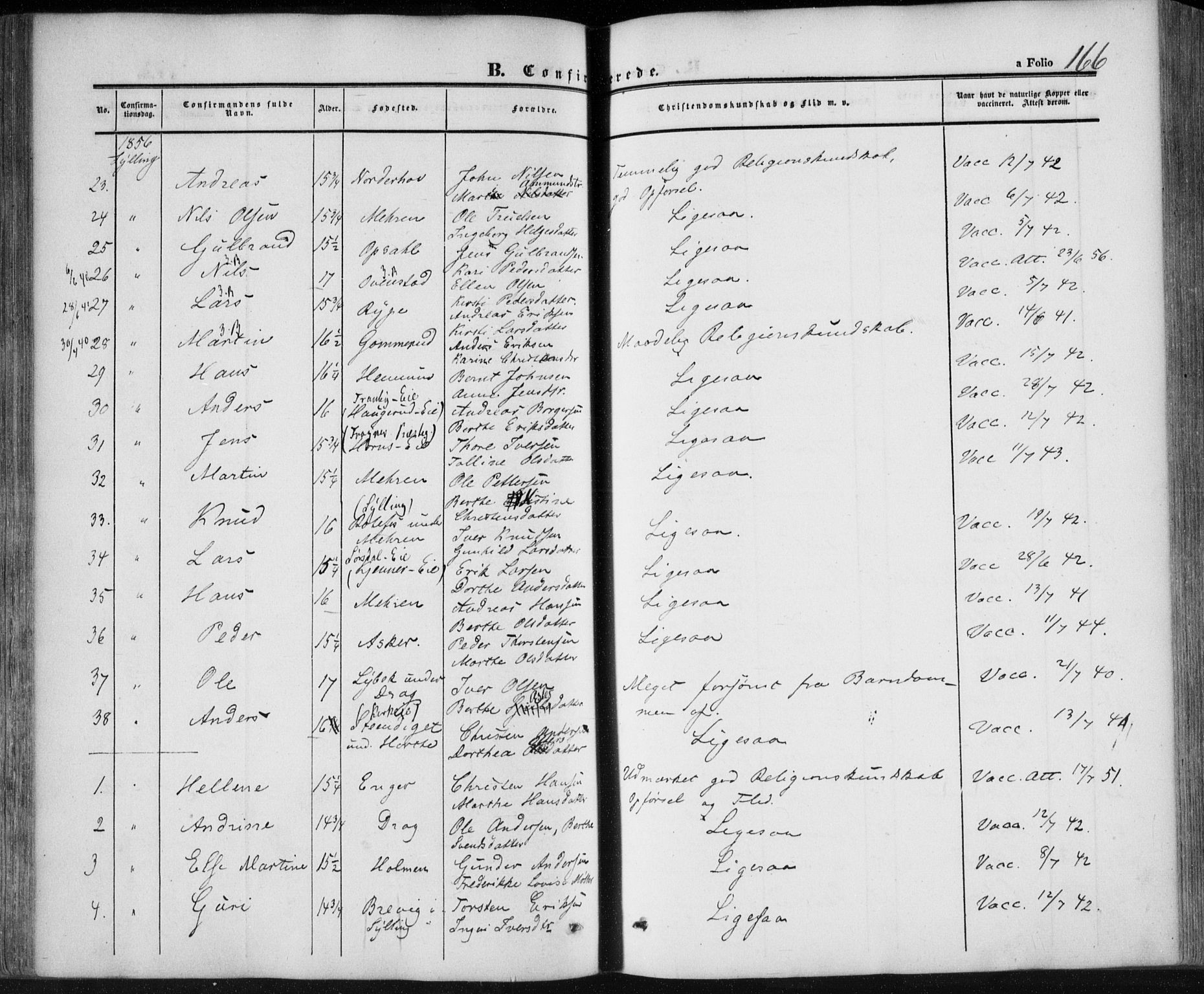 Lier kirkebøker, SAKO/A-230/F/Fa/L0012: Parish register (official) no. I 12, 1854-1864, p. 166